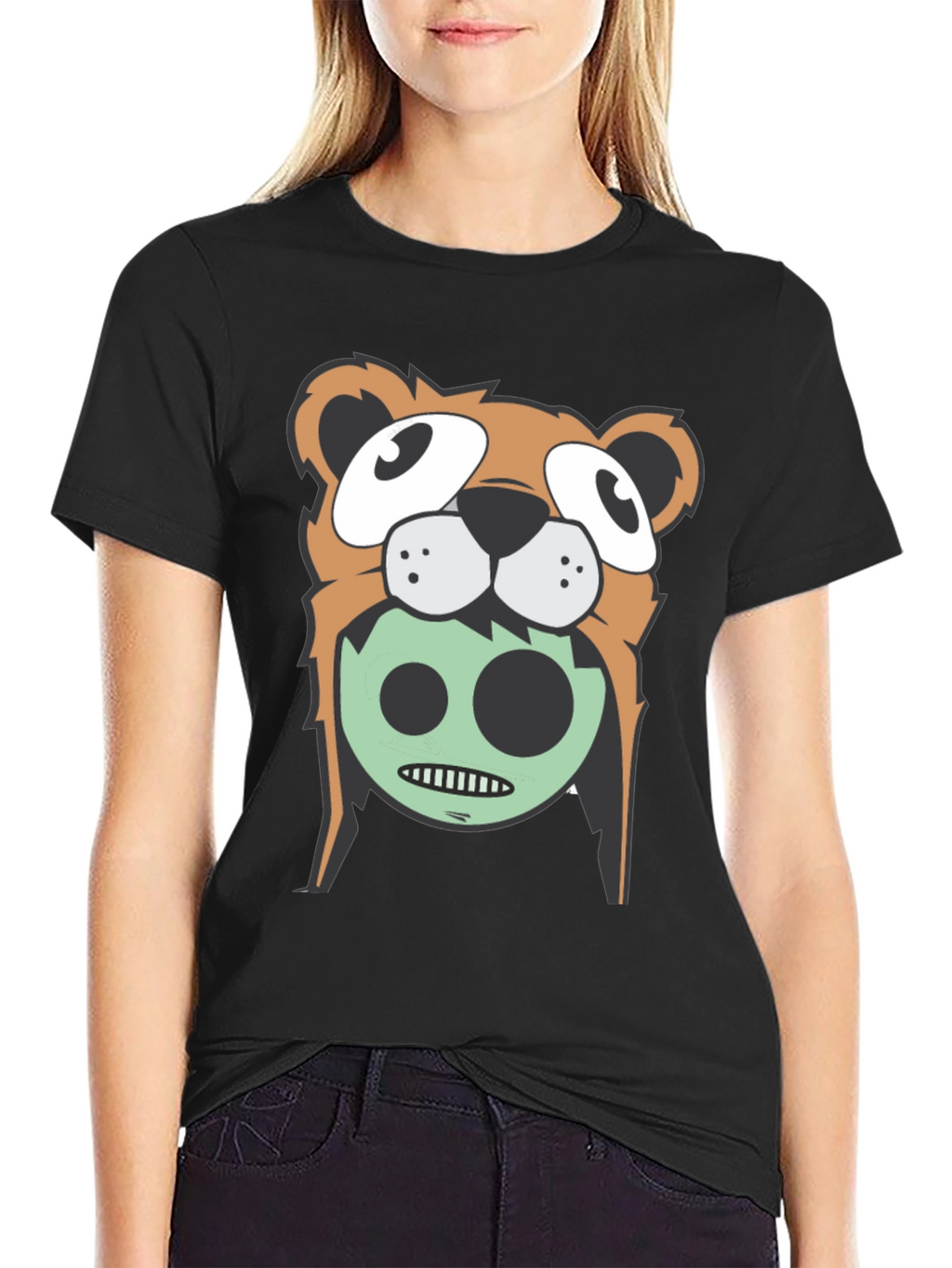 Cartoon Bear Graphic Tee - Black
