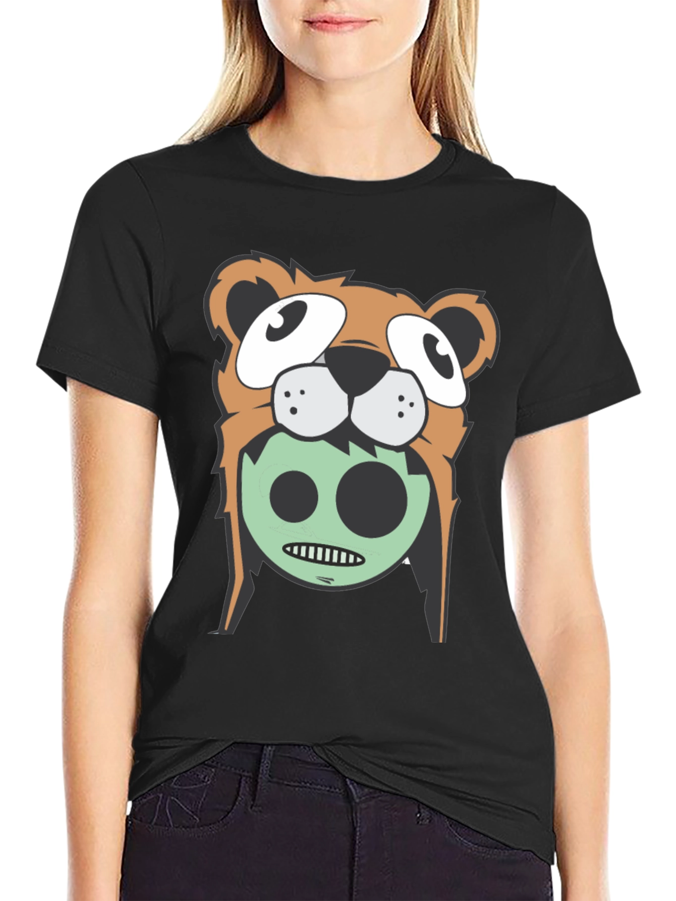 Cartoon Bear Graphic Tee - Black