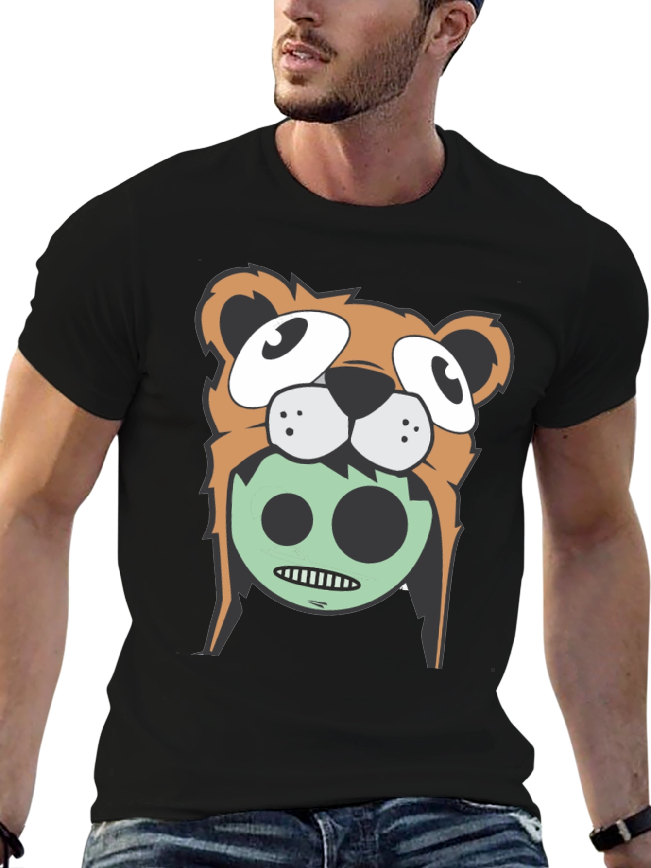 Cartoon Bear Graphic Tee - Black