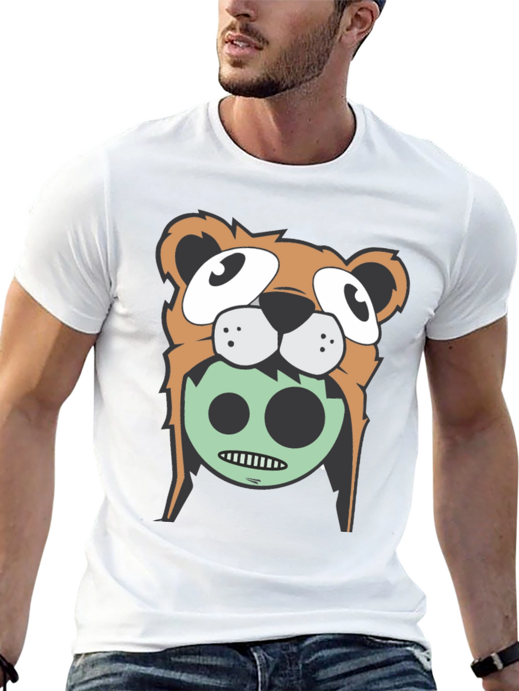 Cartoon Bear Graphic Tee - Black