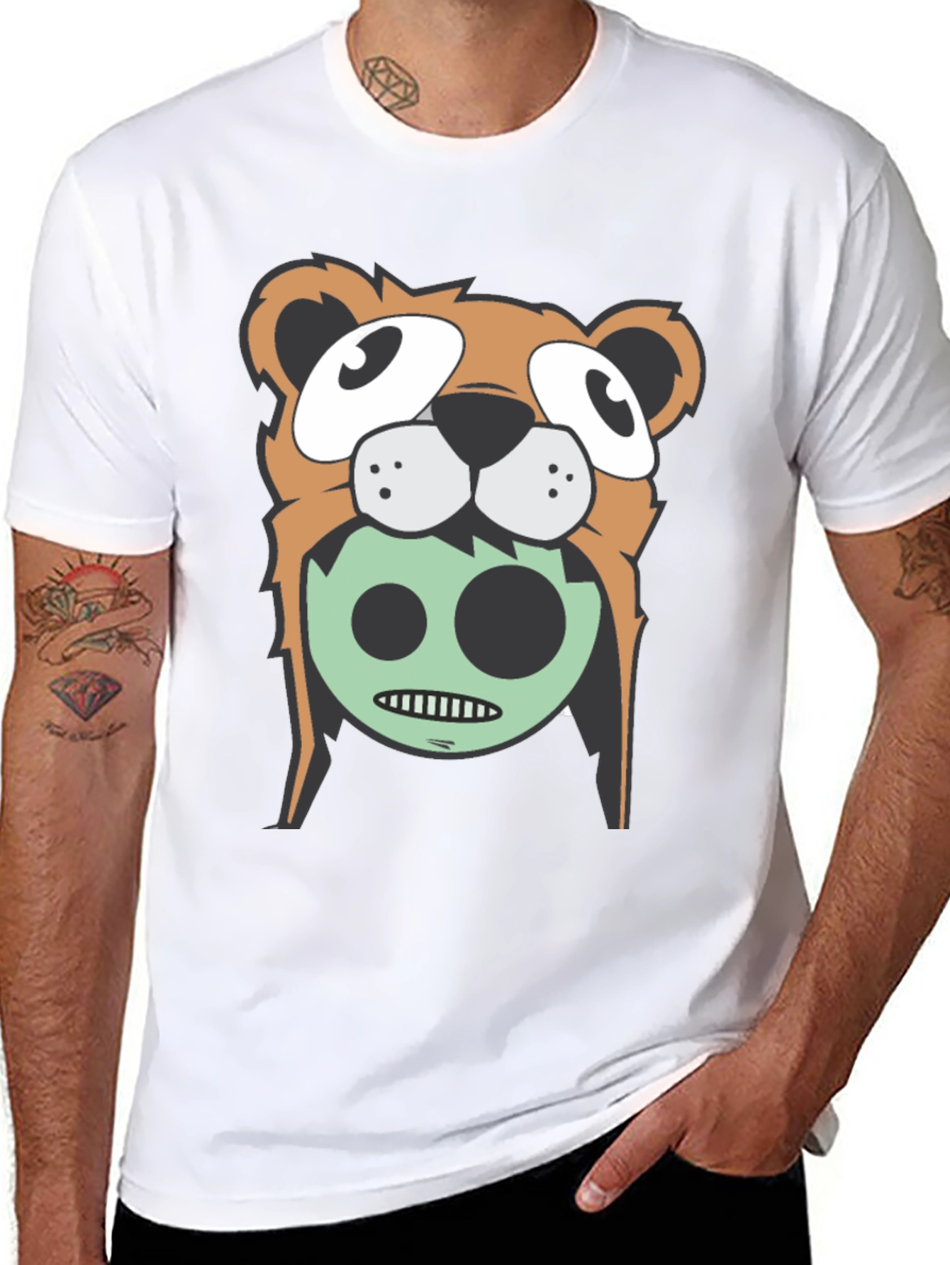 Cartoon Bear Graphic Tee - Black