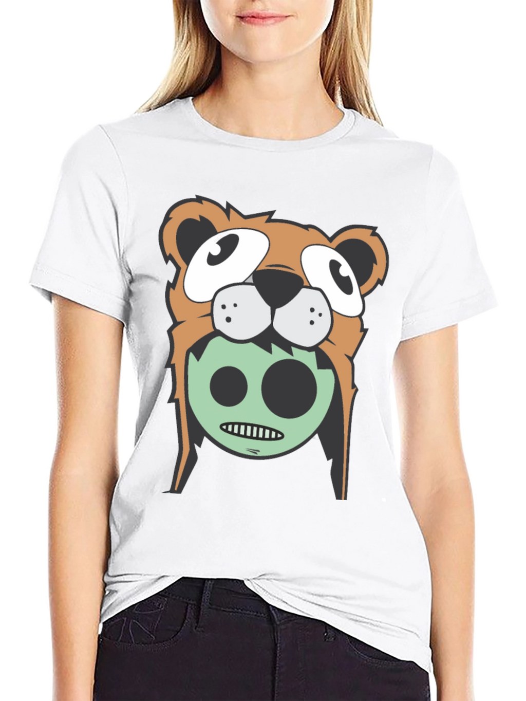 Cartoon Bear Graphic Tee - Black