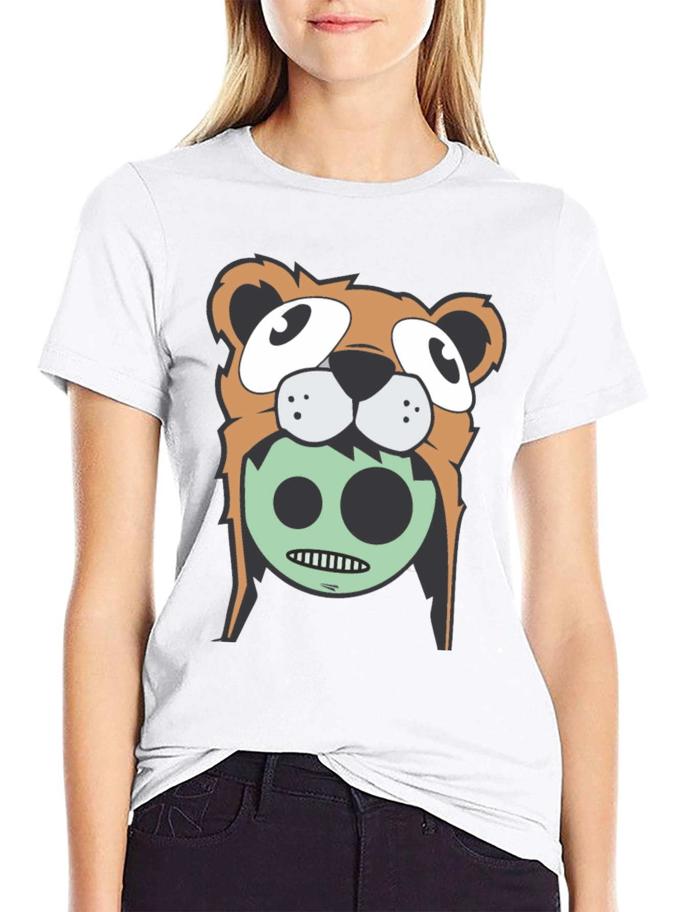 Cartoon Bear Graphic Tee - Black