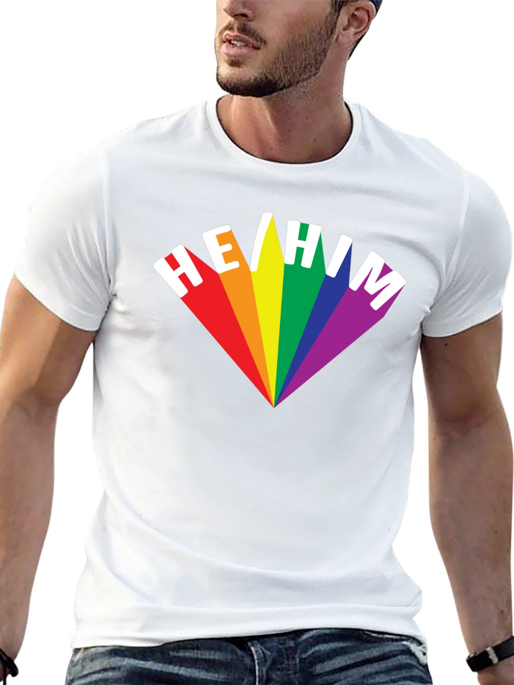 He/Him Pronoun Pride T-Shirt - Rainbow LGBTQ+ Design
