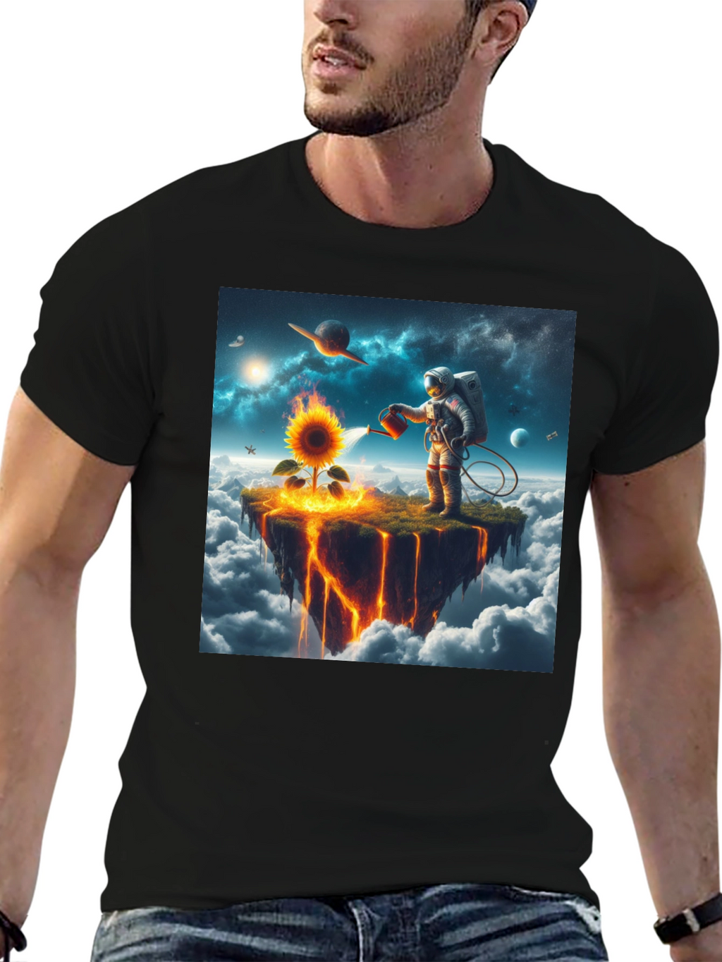 Astronaut Watering Sunflower Graphic Tee