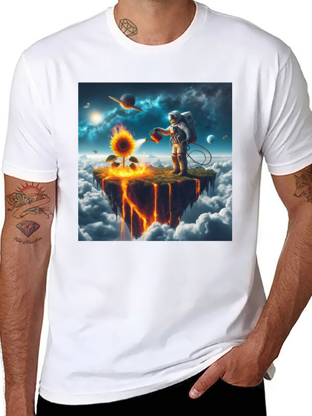 Astronaut Watering Sunflower Graphic Tee