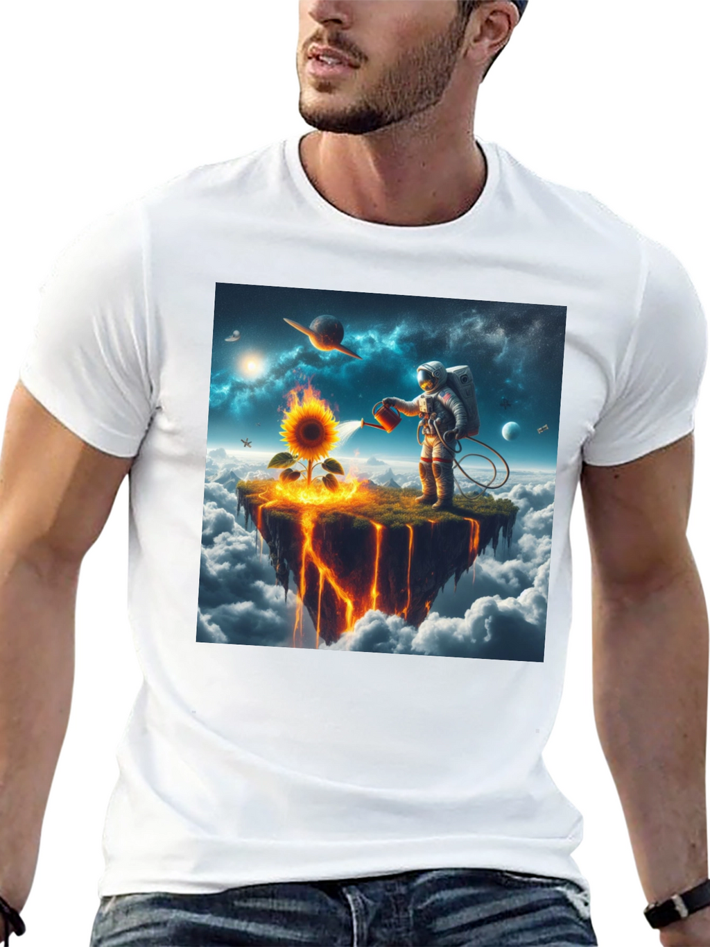 Astronaut Watering Sunflower Graphic Tee