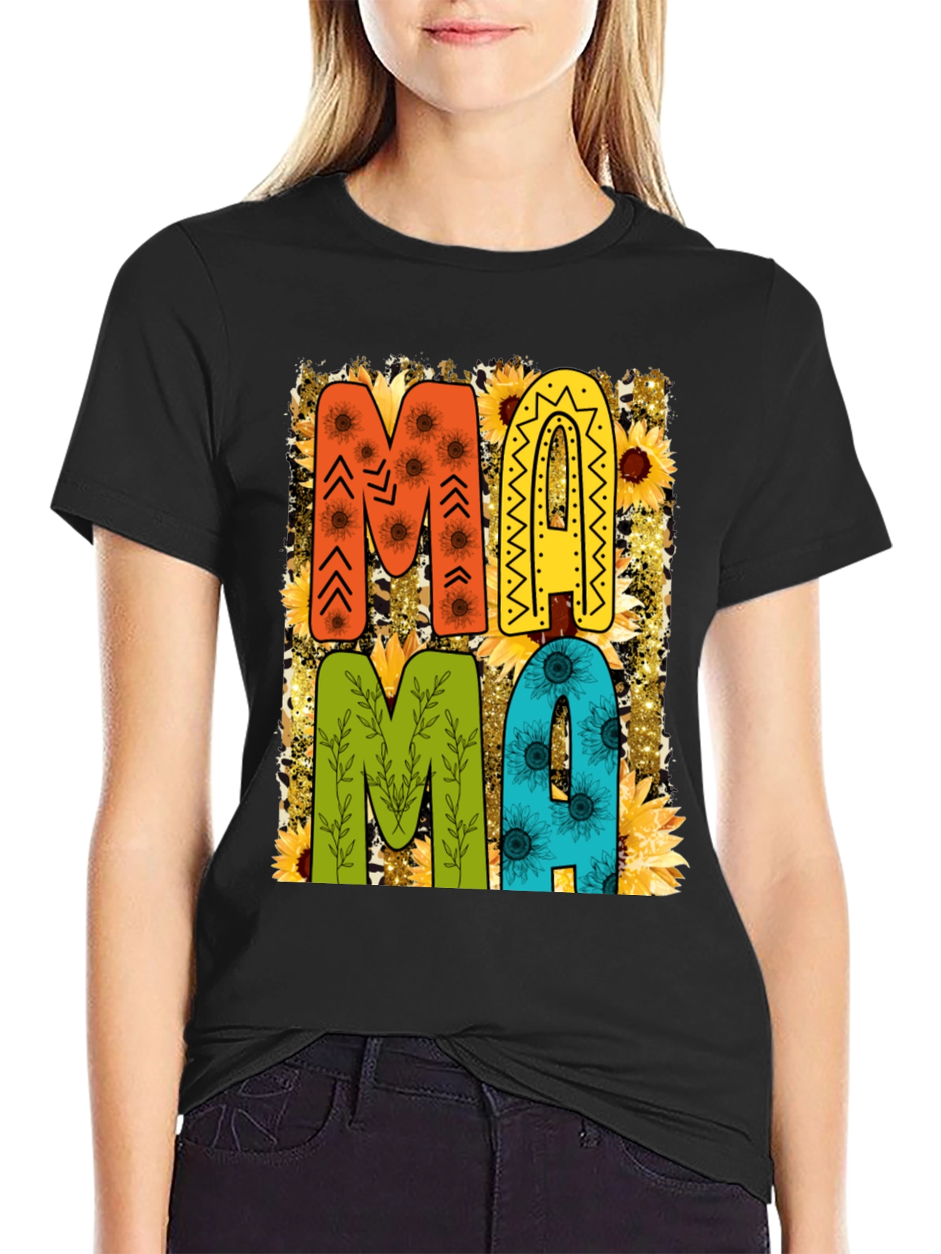 Colorful MAMA Sunflower Print T-Shirt