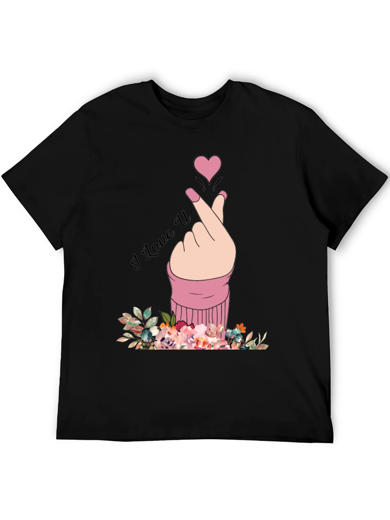 I Love U Hand Heart Graphic Print Mens Black T-Shirt