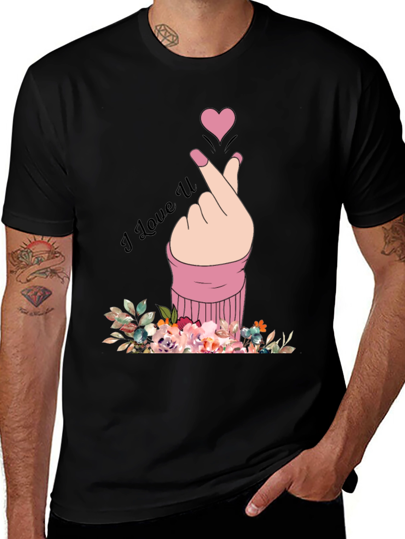 I Love U Hand Heart Graphic Print Mens Black T-Shirt