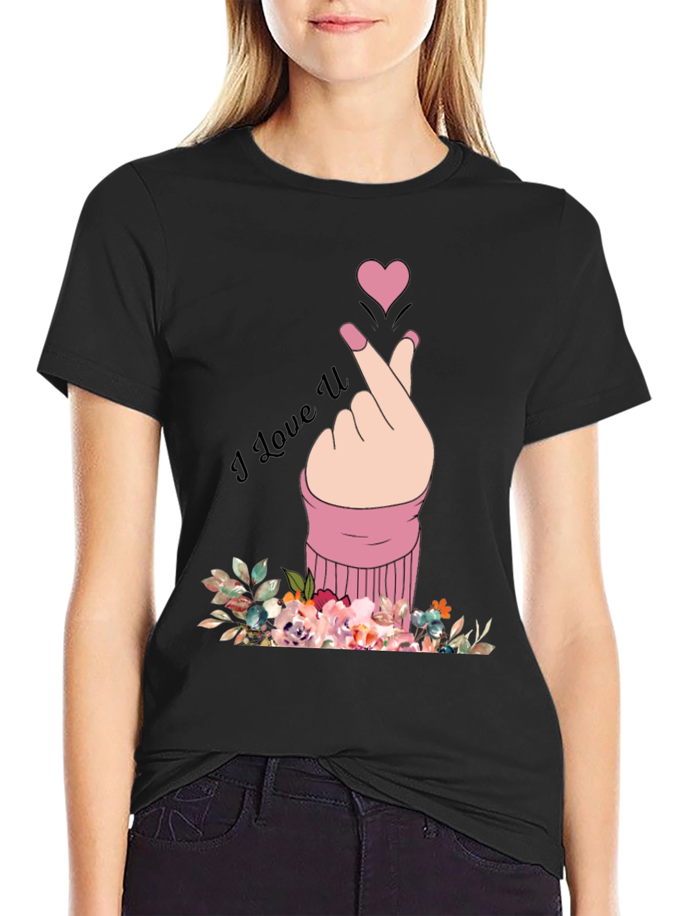 I Love U Hand Heart Graphic Print Mens Black T-Shirt