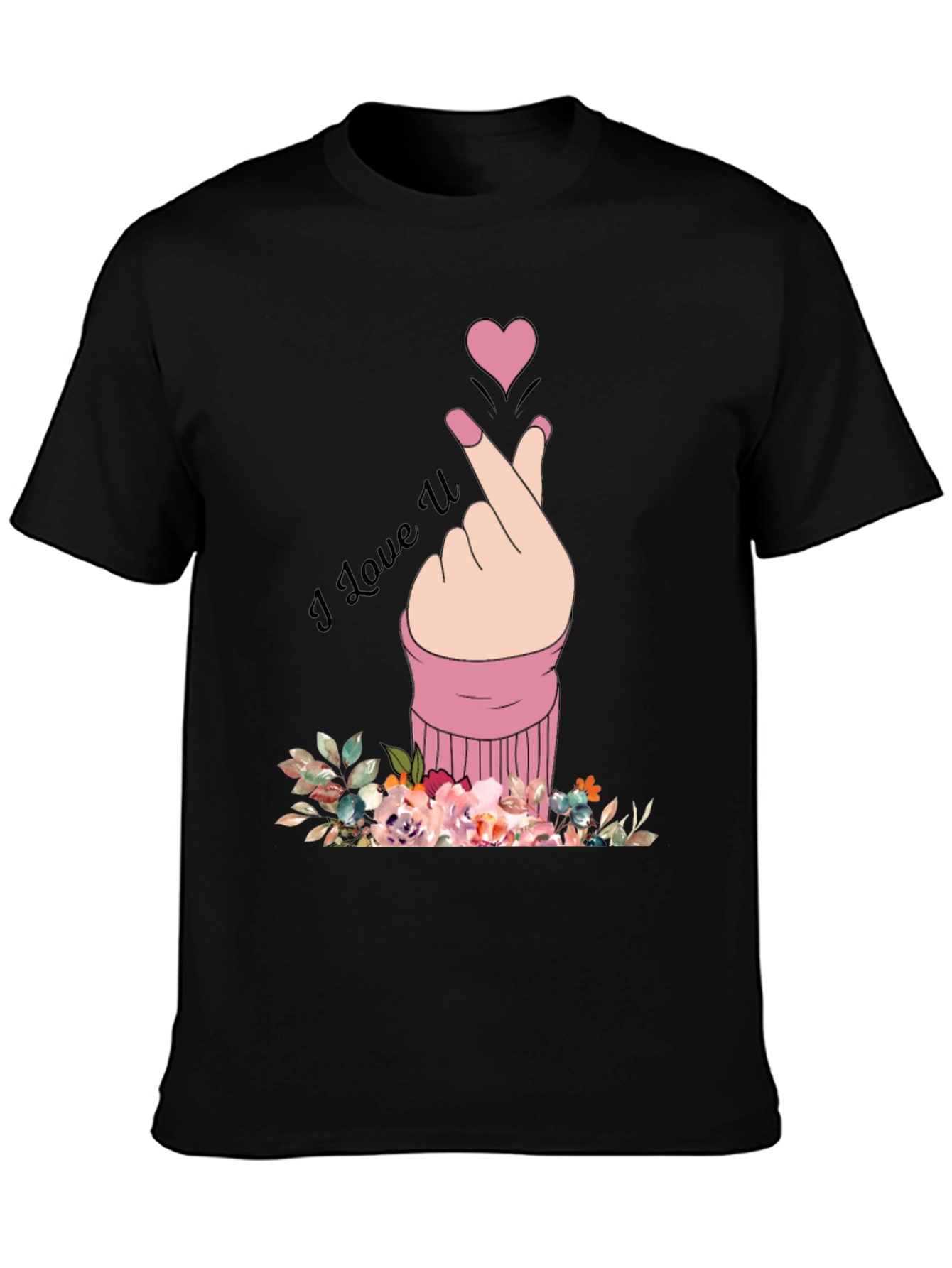 I Love U Hand Heart Graphic Print Mens Black T-Shirt