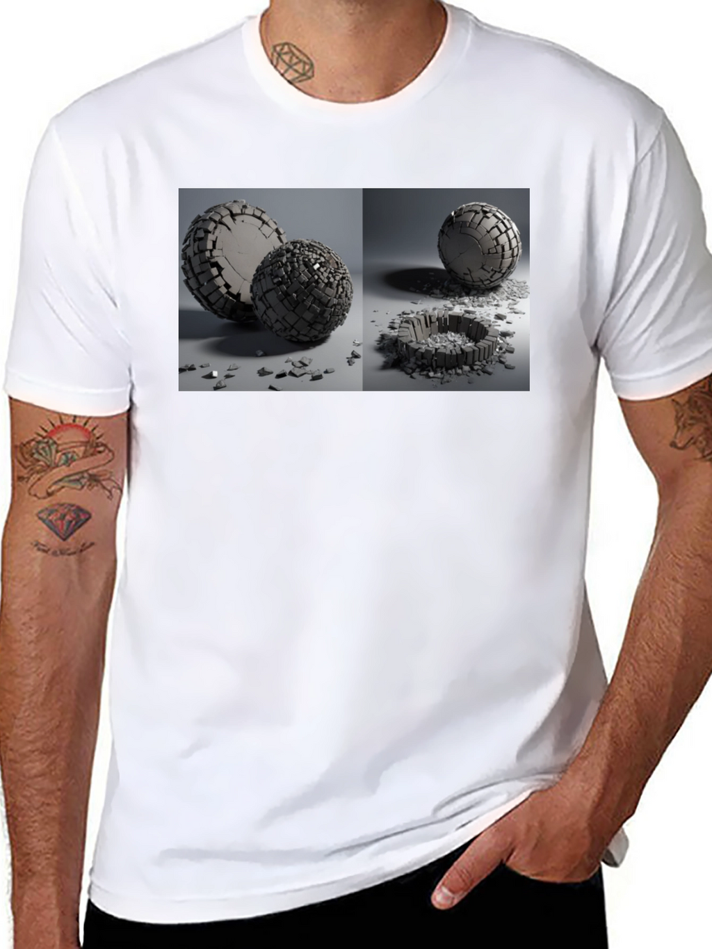 Abstract Shattered Sphere Design Black T-Shirt