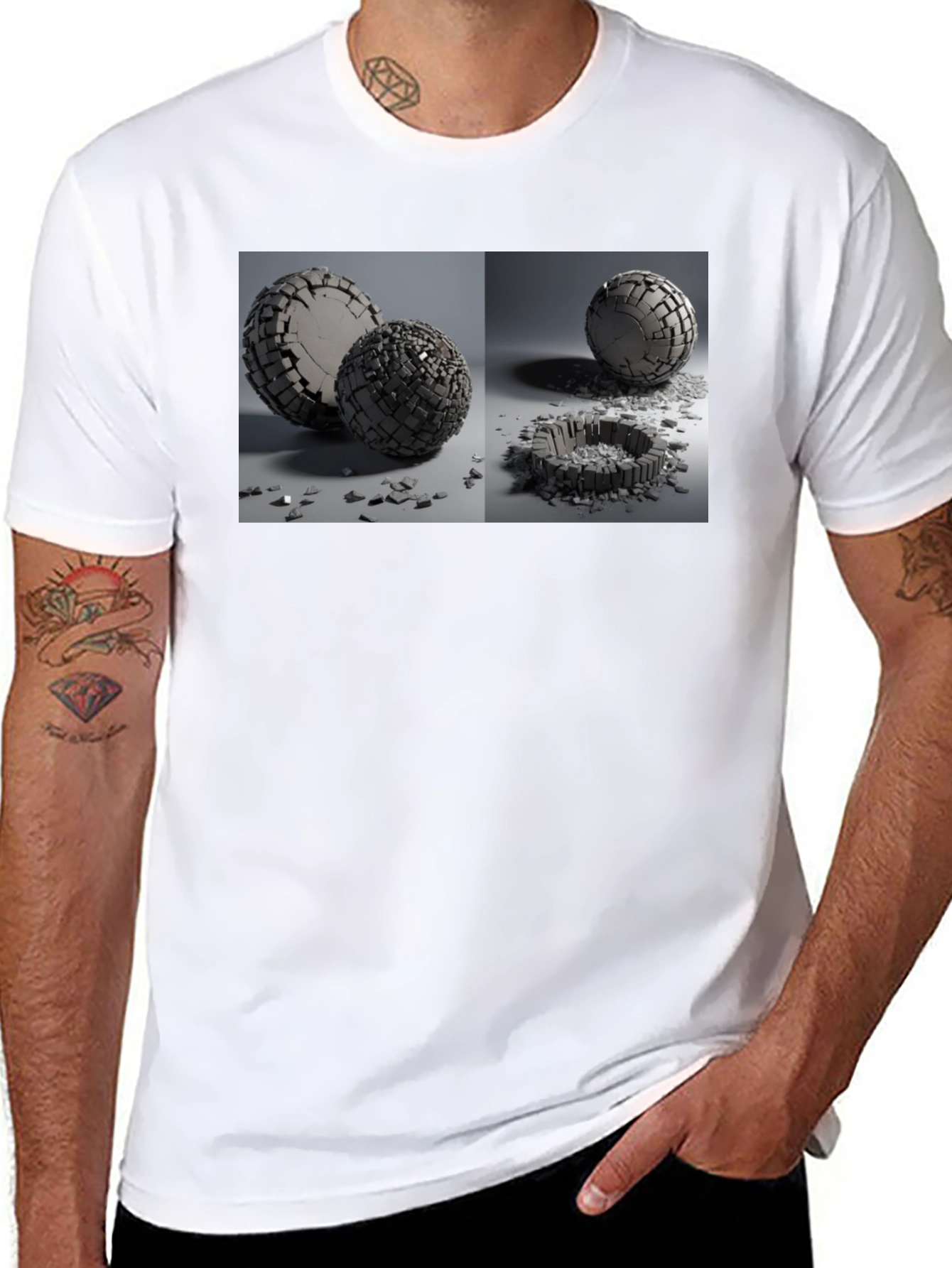 Abstract Shattered Sphere Design Black T-Shirt