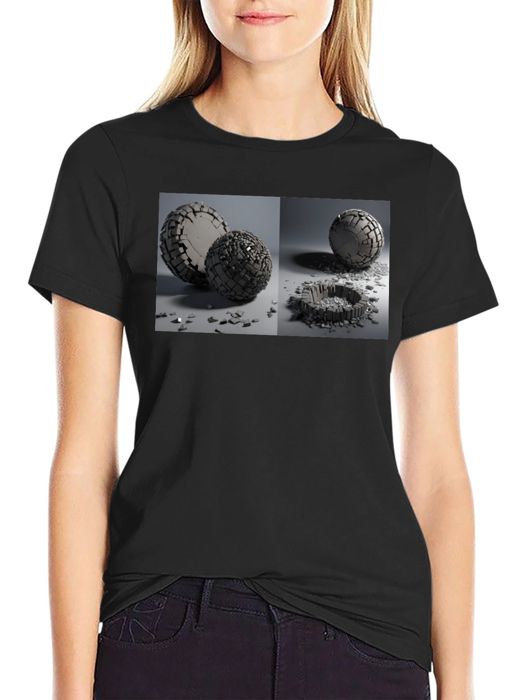 Abstract Shattered Sphere Design Black T-Shirt