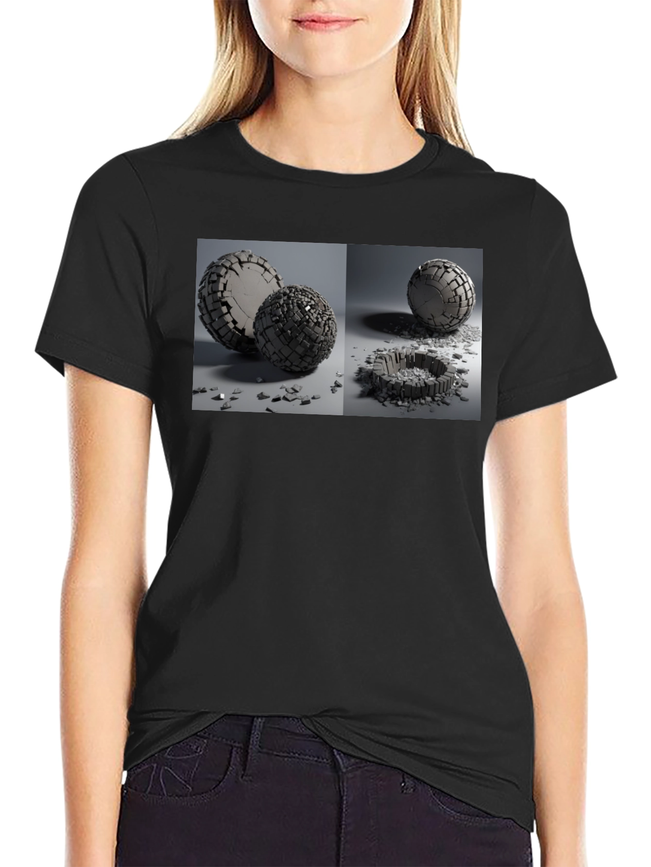 Abstract Shattered Sphere Design Black T-Shirt