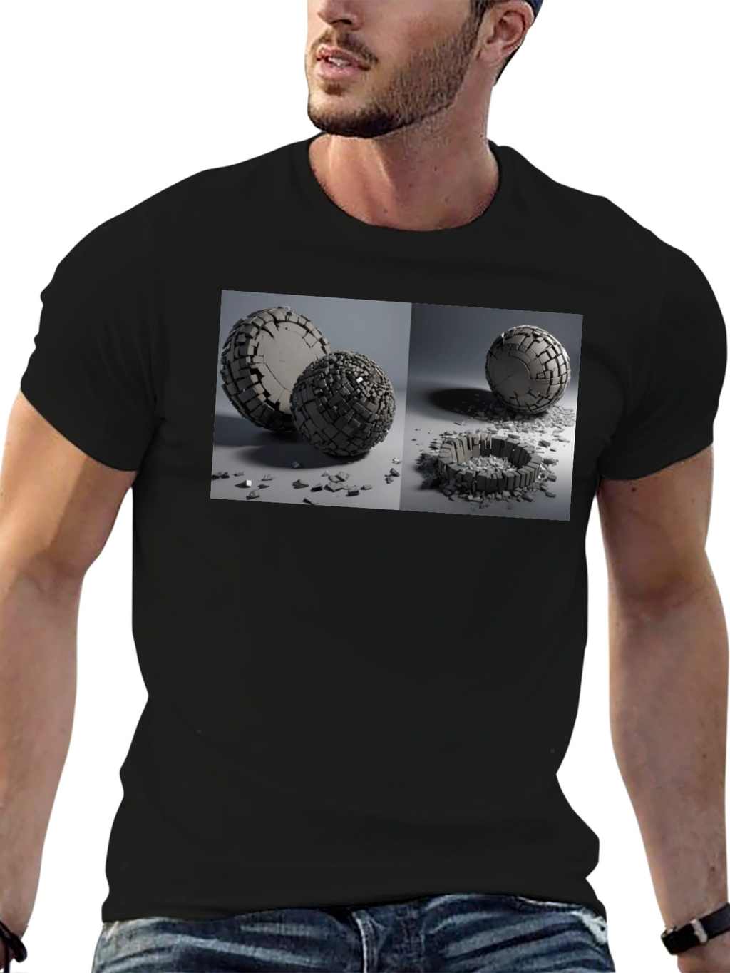 Abstract Shattered Sphere Design Black T-Shirt