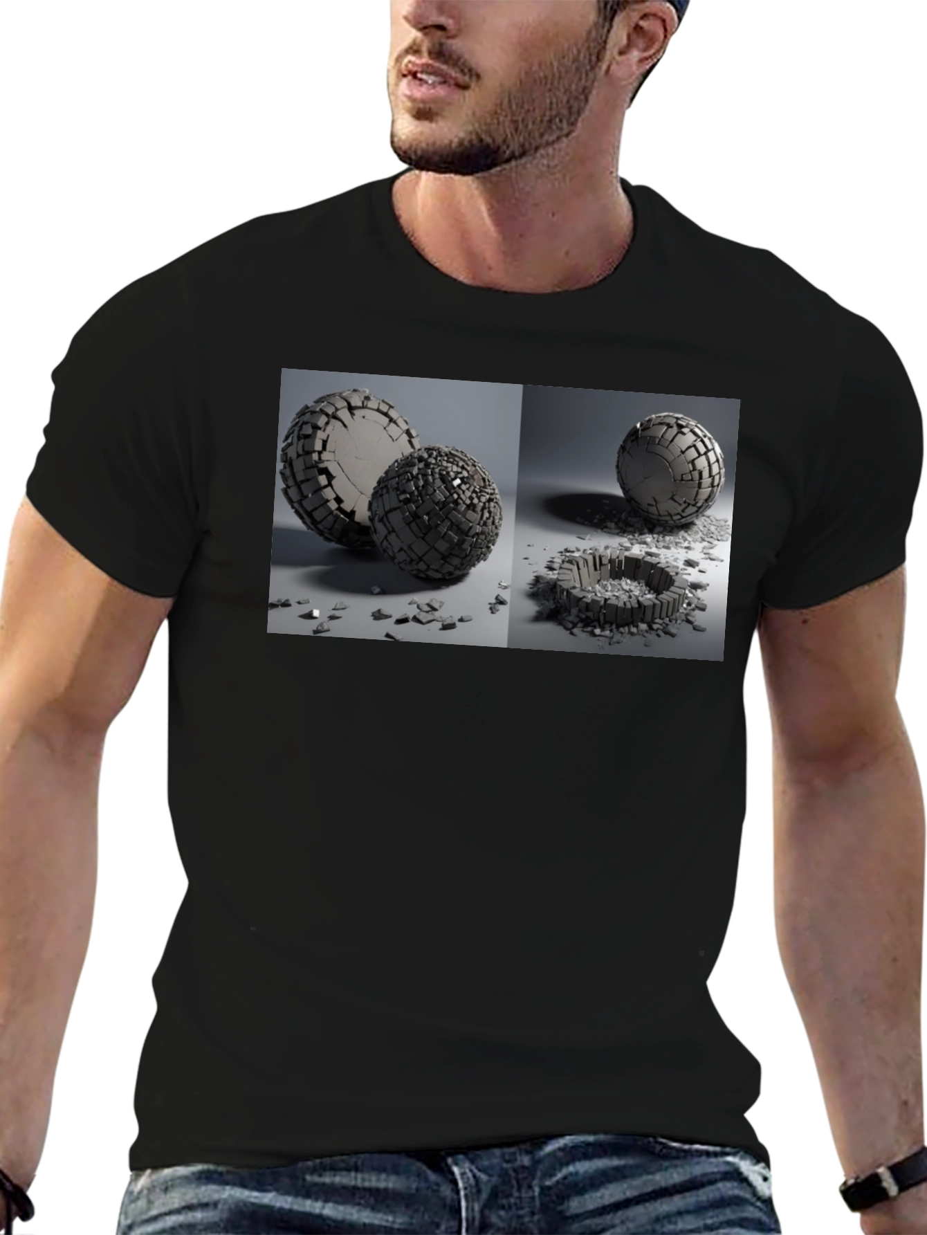 Abstract Shattered Sphere Design Black T-Shirt