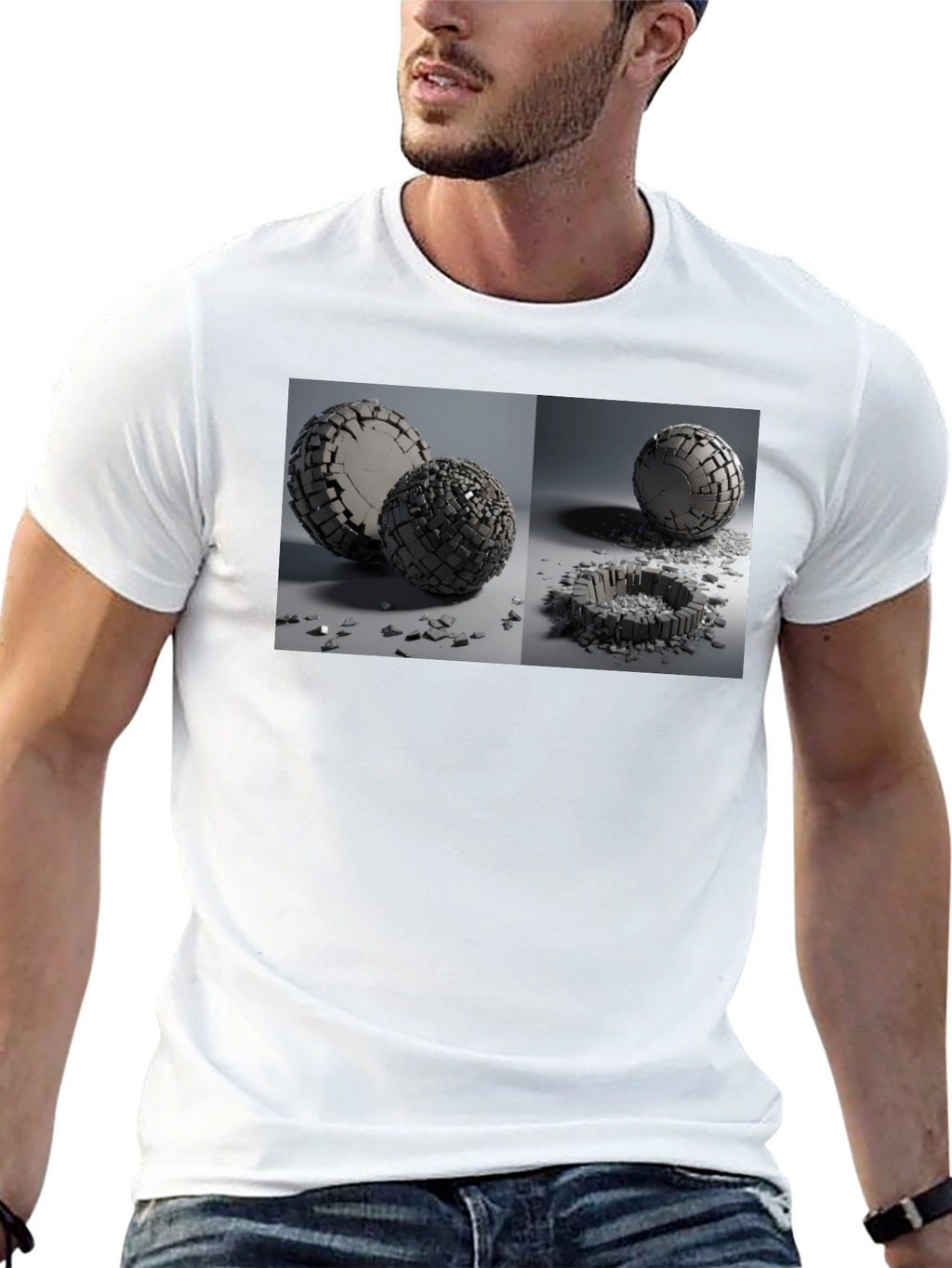 Abstract Shattered Sphere Design Black T-Shirt