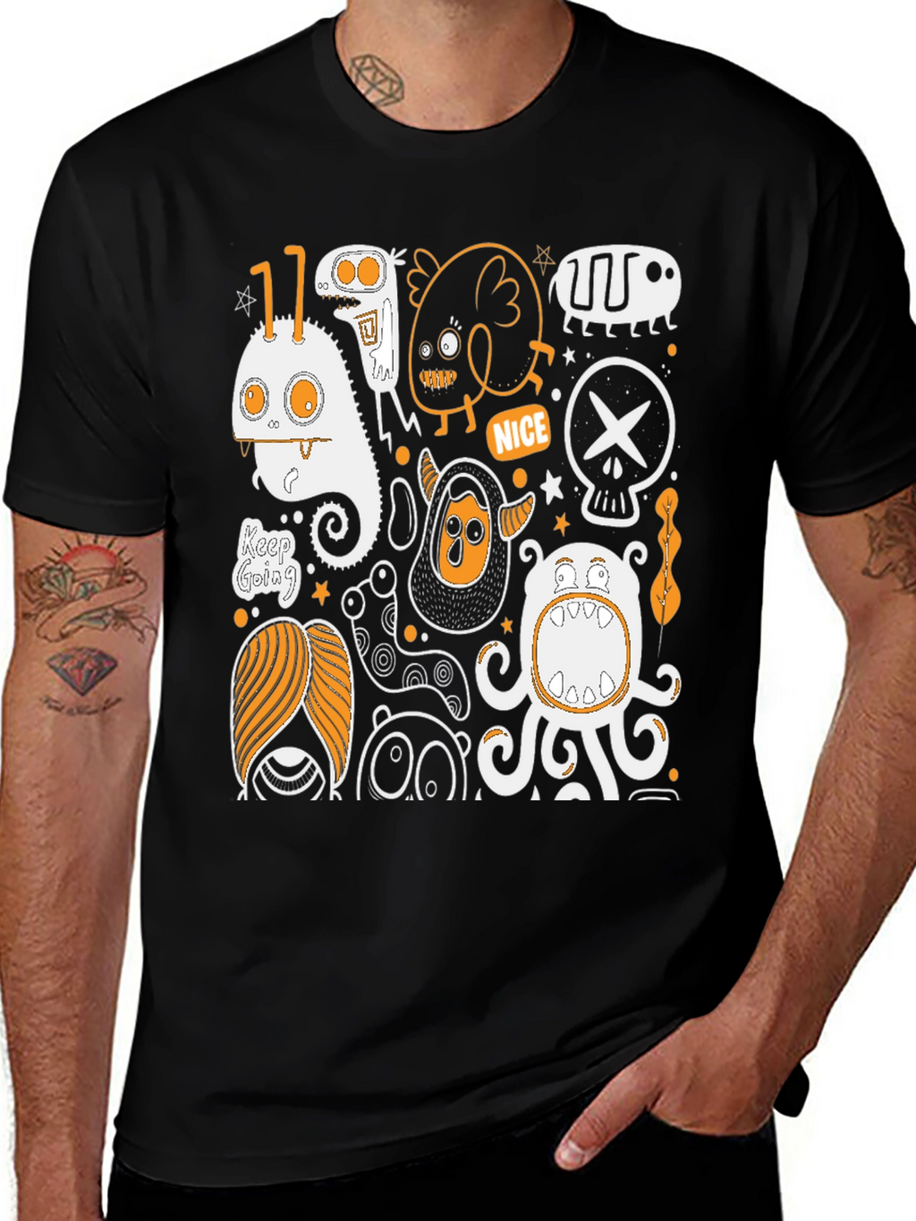 Monster Doodle Graphic Tee - Black Cotton T-Shirt