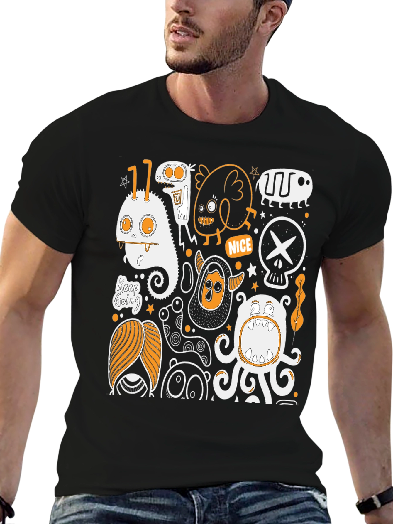 Monster Doodle Graphic Tee - Black Cotton T-Shirt