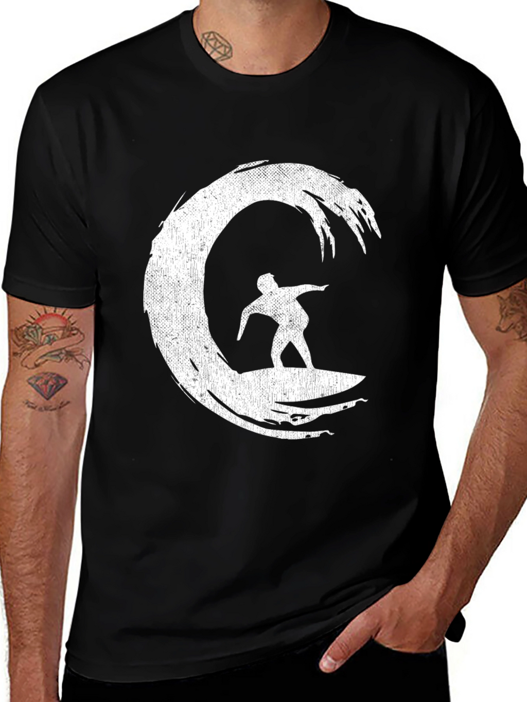 Surfer Wave Graphic T-Shirt - Black Cotton Tee