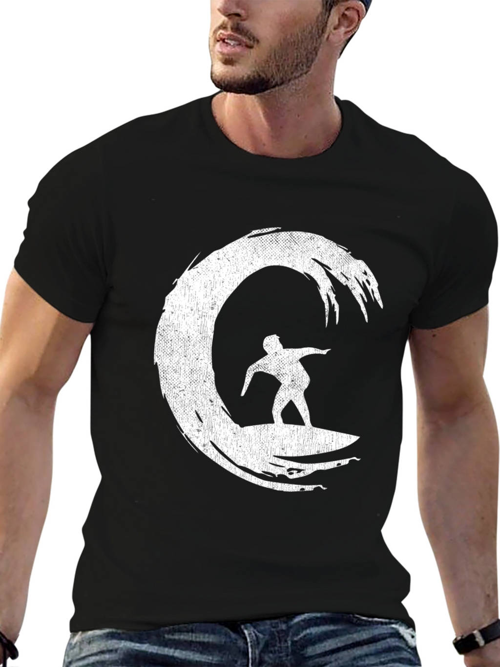 Surfer Wave Graphic T-Shirt - Black Cotton Tee