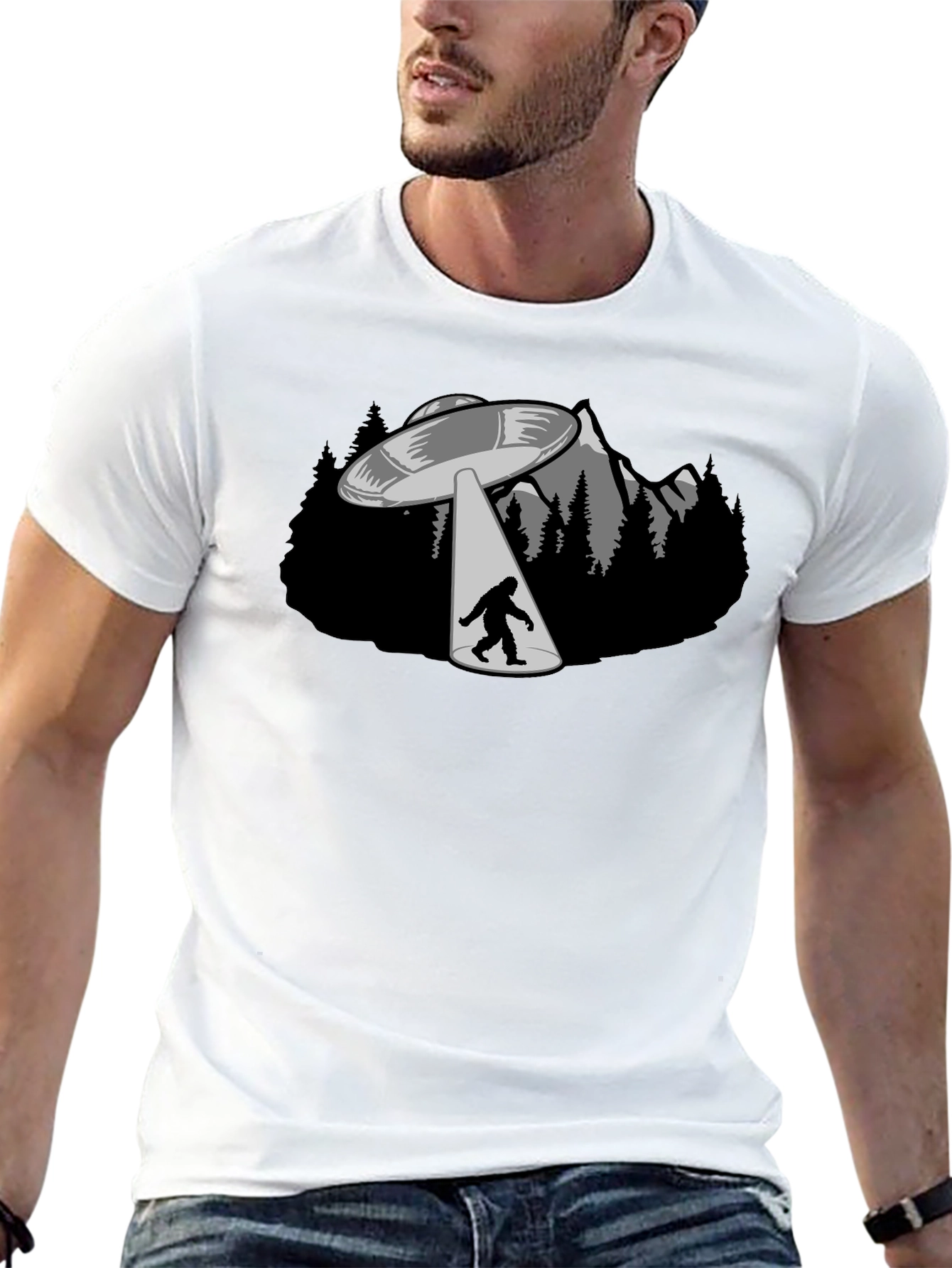 UFO Abduction Bigfoot Graphic T-Shirt