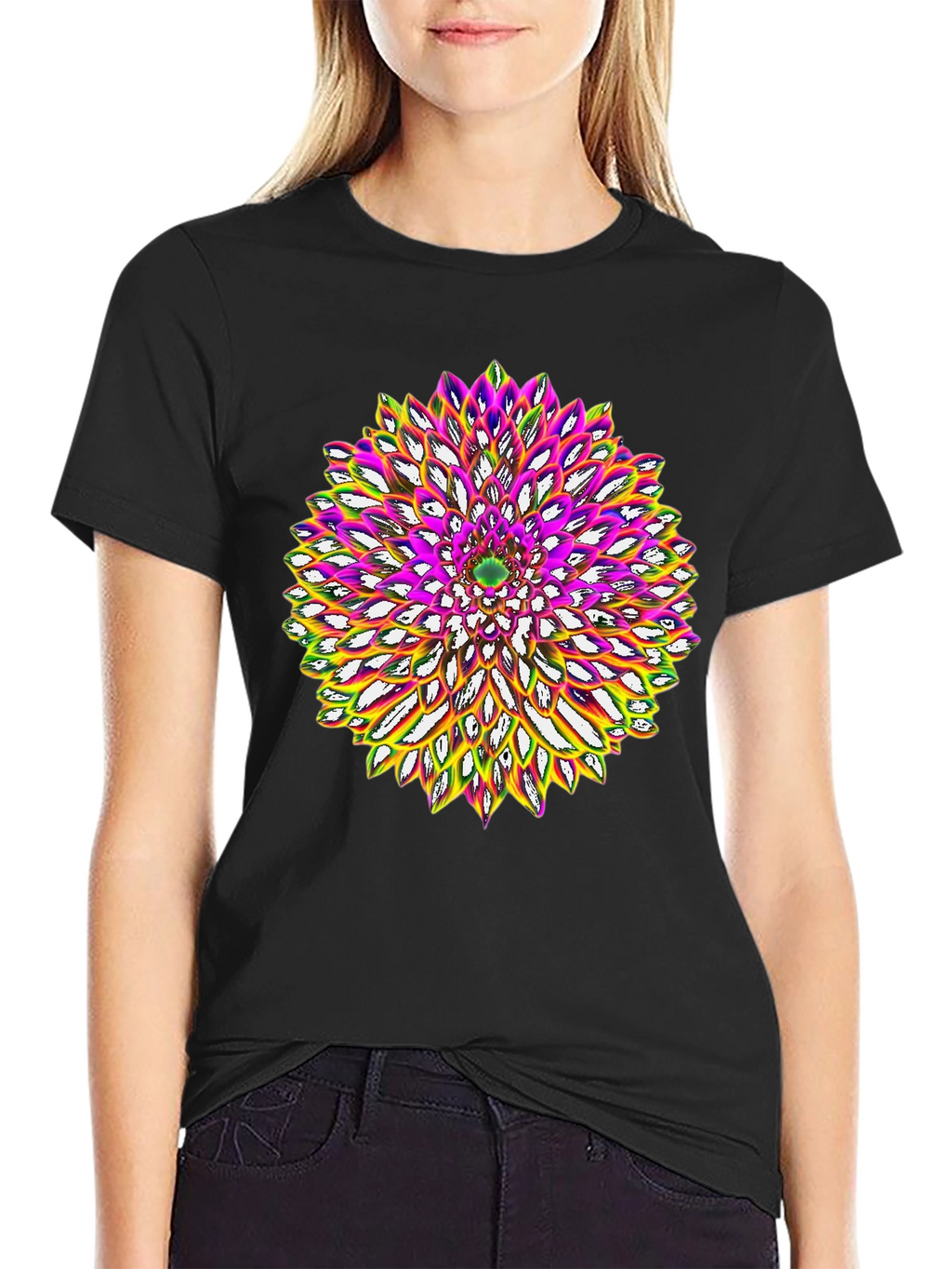 Abstract Flower Graphic Tee - Black Cotton Blend
