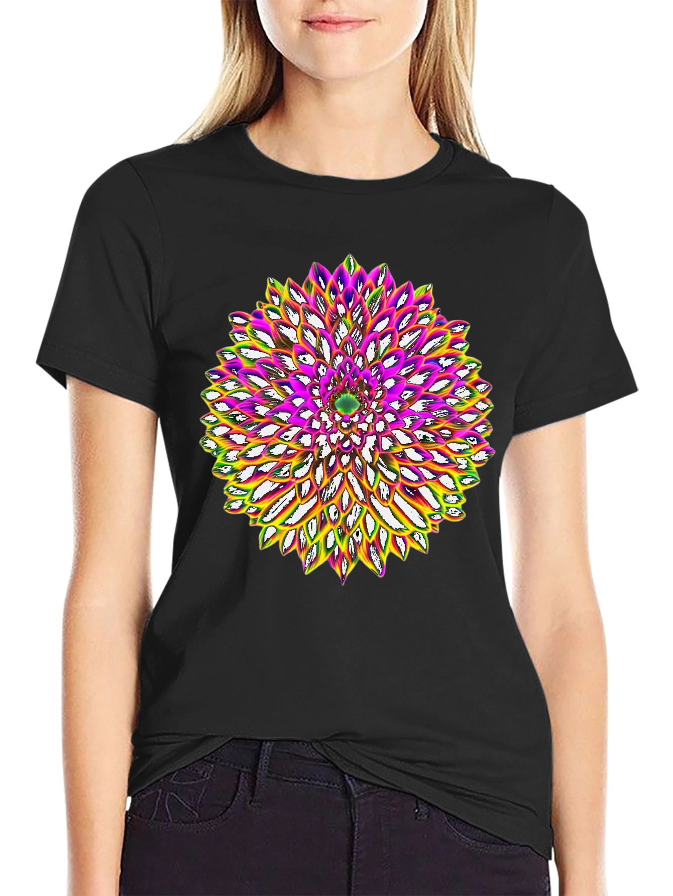 Abstract Flower Graphic Tee - Black Cotton Blend