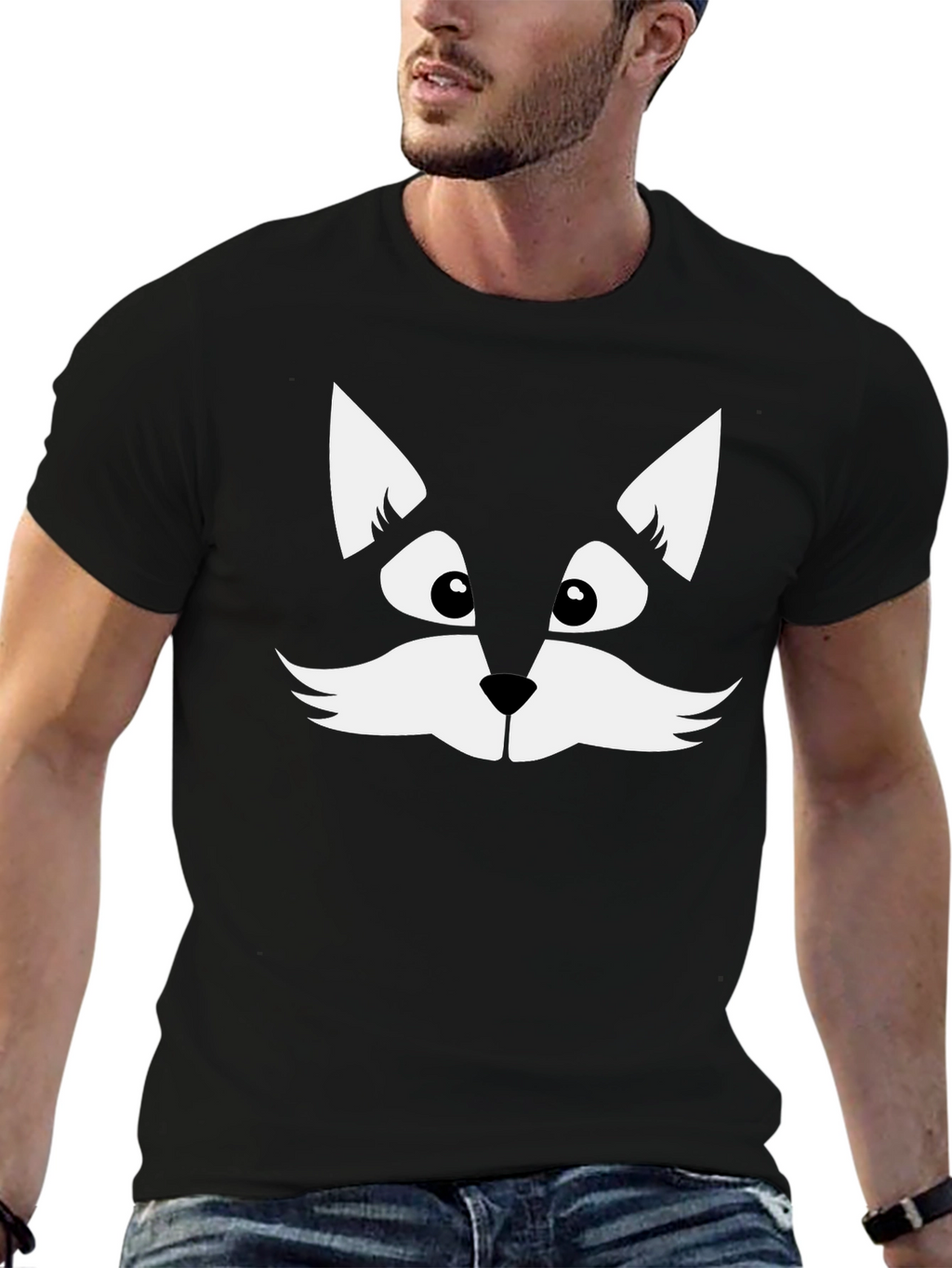 Fun Black T-Shirt with Cute Cat Face Graphic