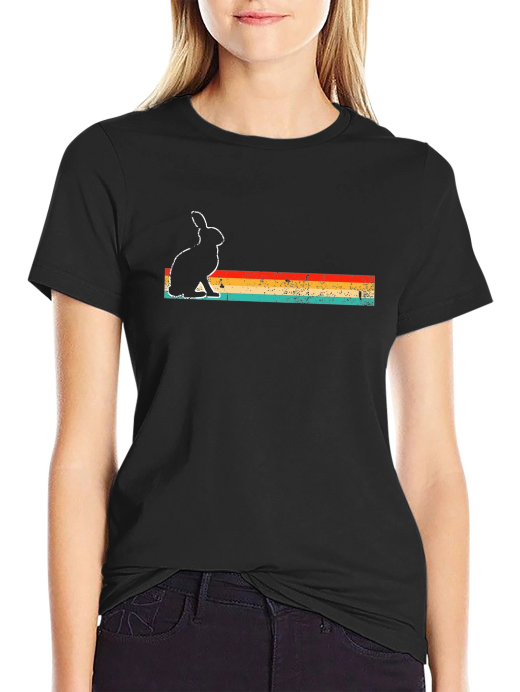 Retro Rabbit Graphic Tee - Black Cotton Blend