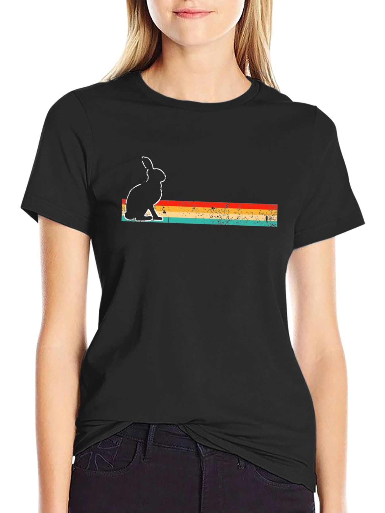 Retro Rabbit Graphic Tee - Black Cotton Blend