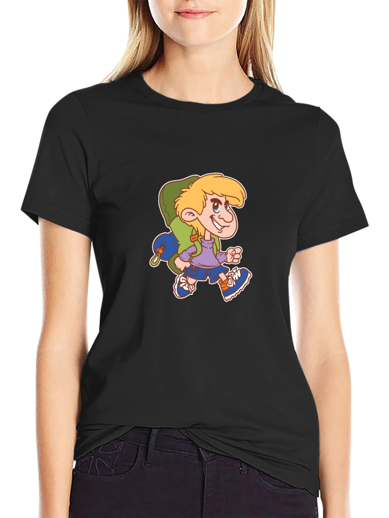 Cartoon Hiker Graphic Black T-Shirt