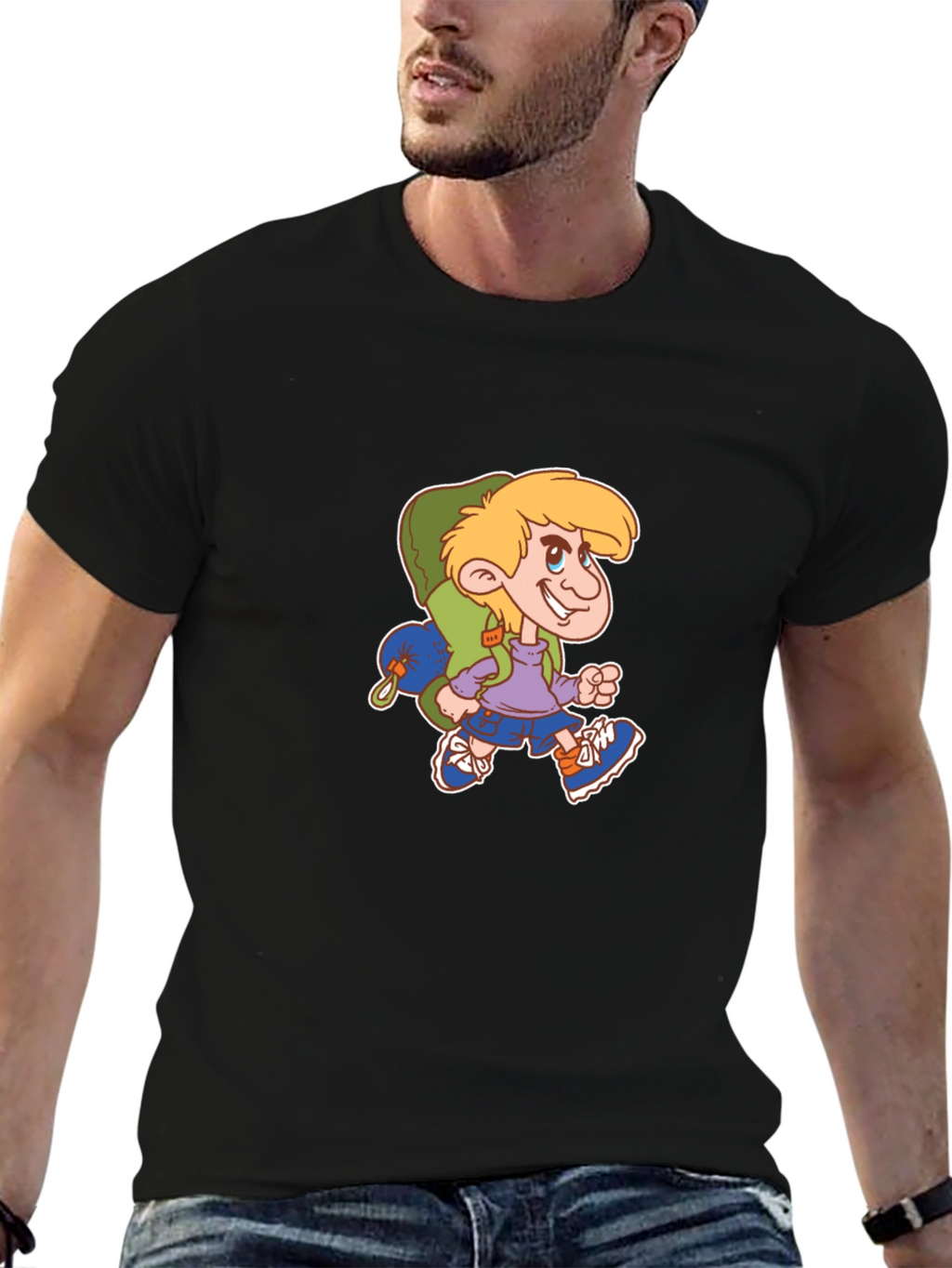 Cartoon Hiker Graphic Black T-Shirt