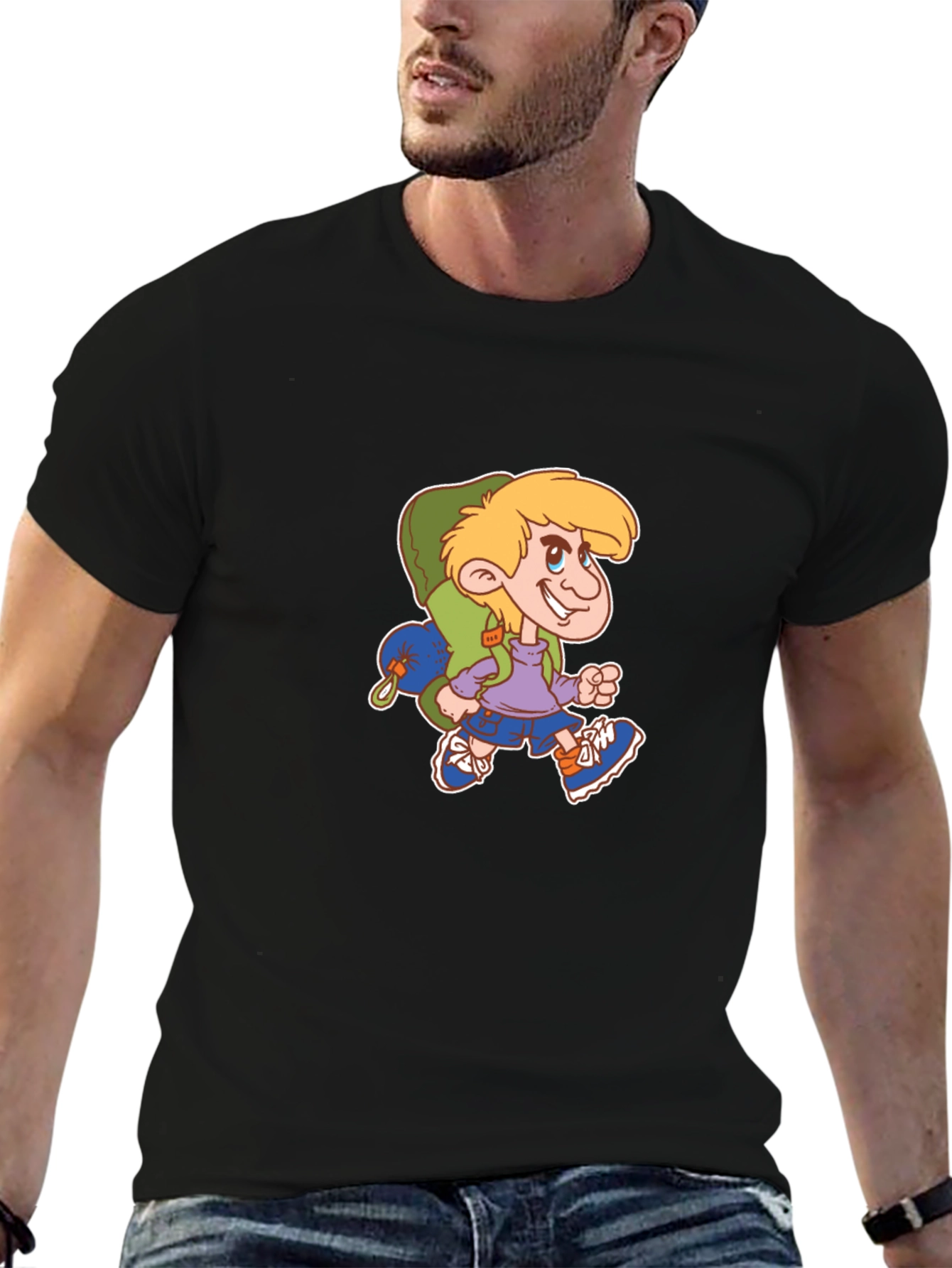 Cartoon Hiker Graphic Black T-Shirt