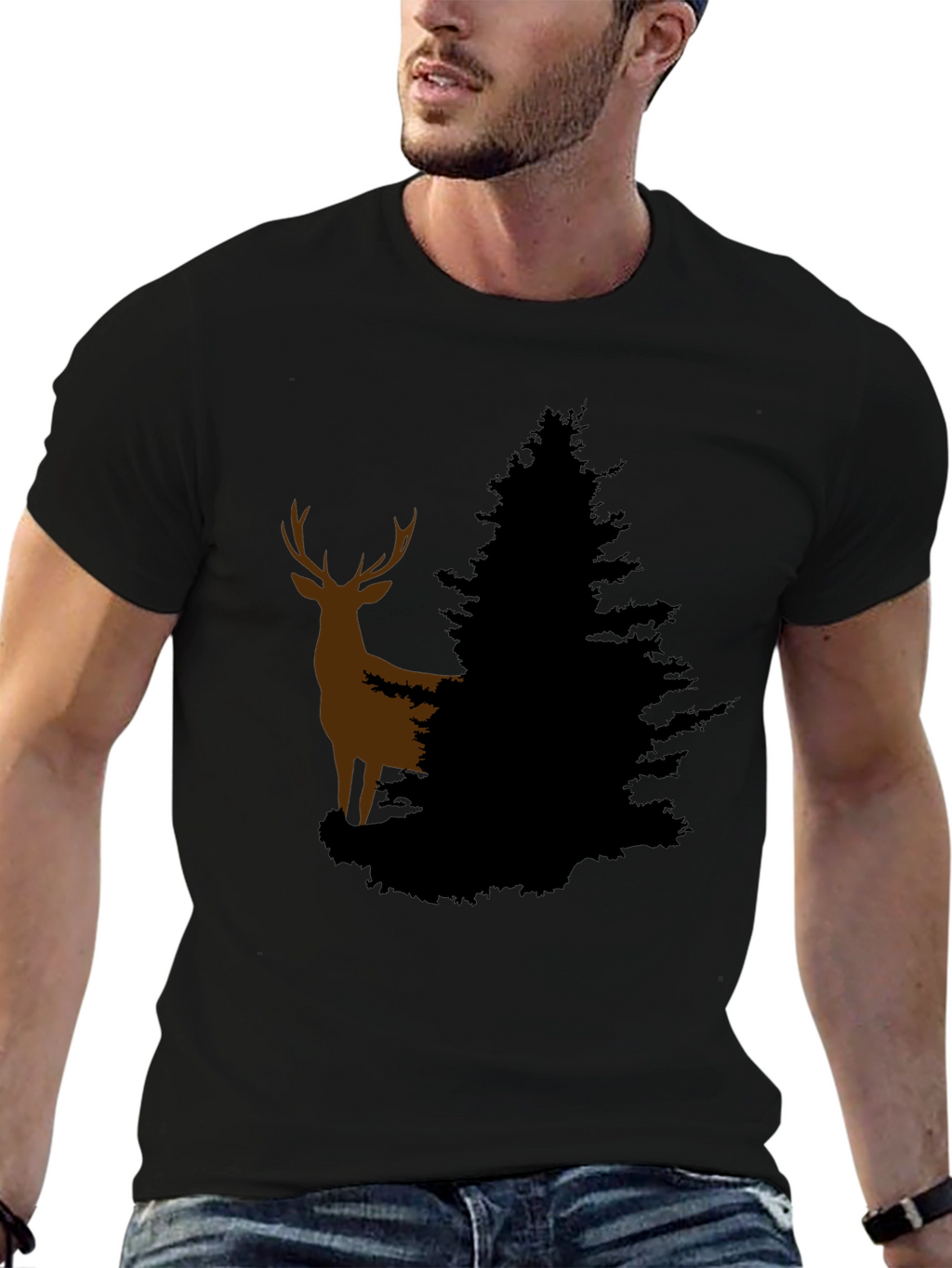Deer and Evergreen Tree Graphic T-Shirt