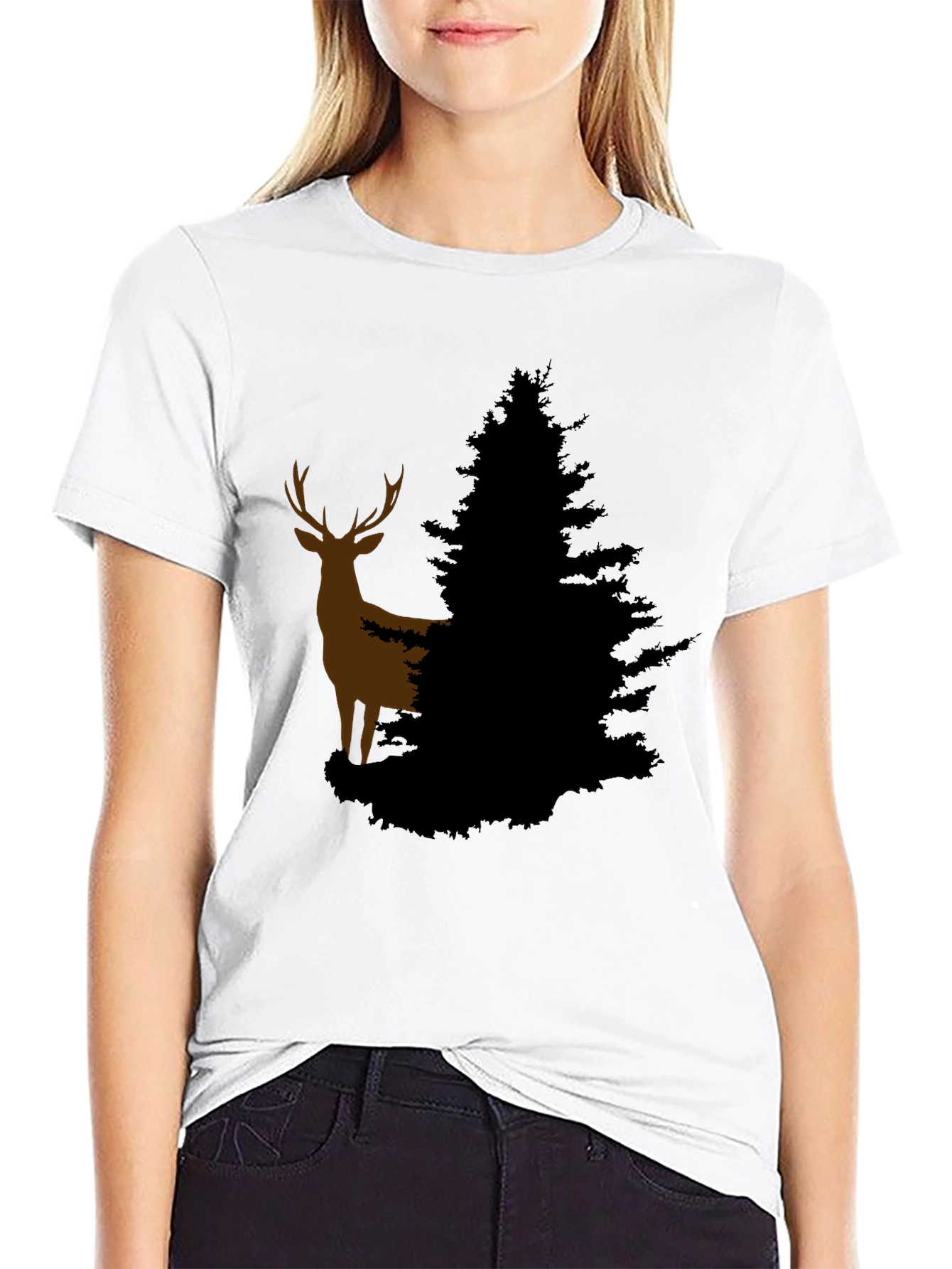 Deer and Evergreen Tree Graphic T-Shirt