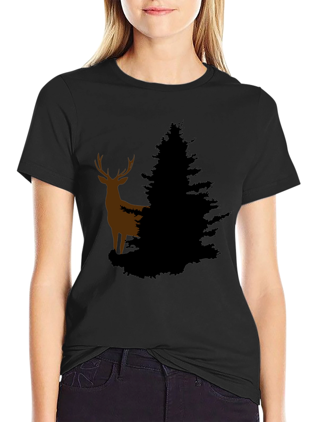 Deer and Evergreen Tree Graphic T-Shirt