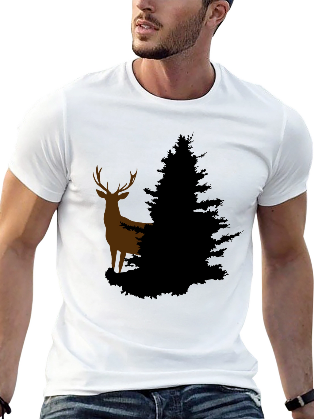 Deer and Evergreen Tree Graphic T-Shirt