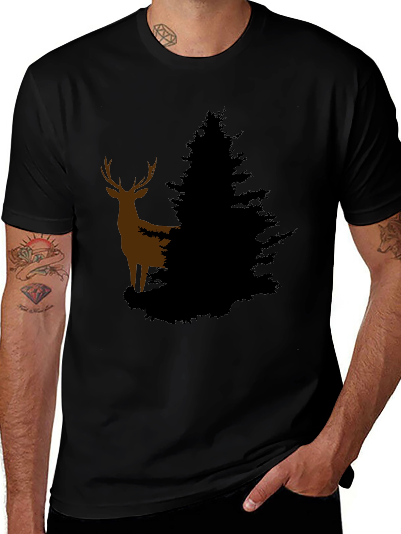 Deer and Evergreen Tree Graphic T-Shirt