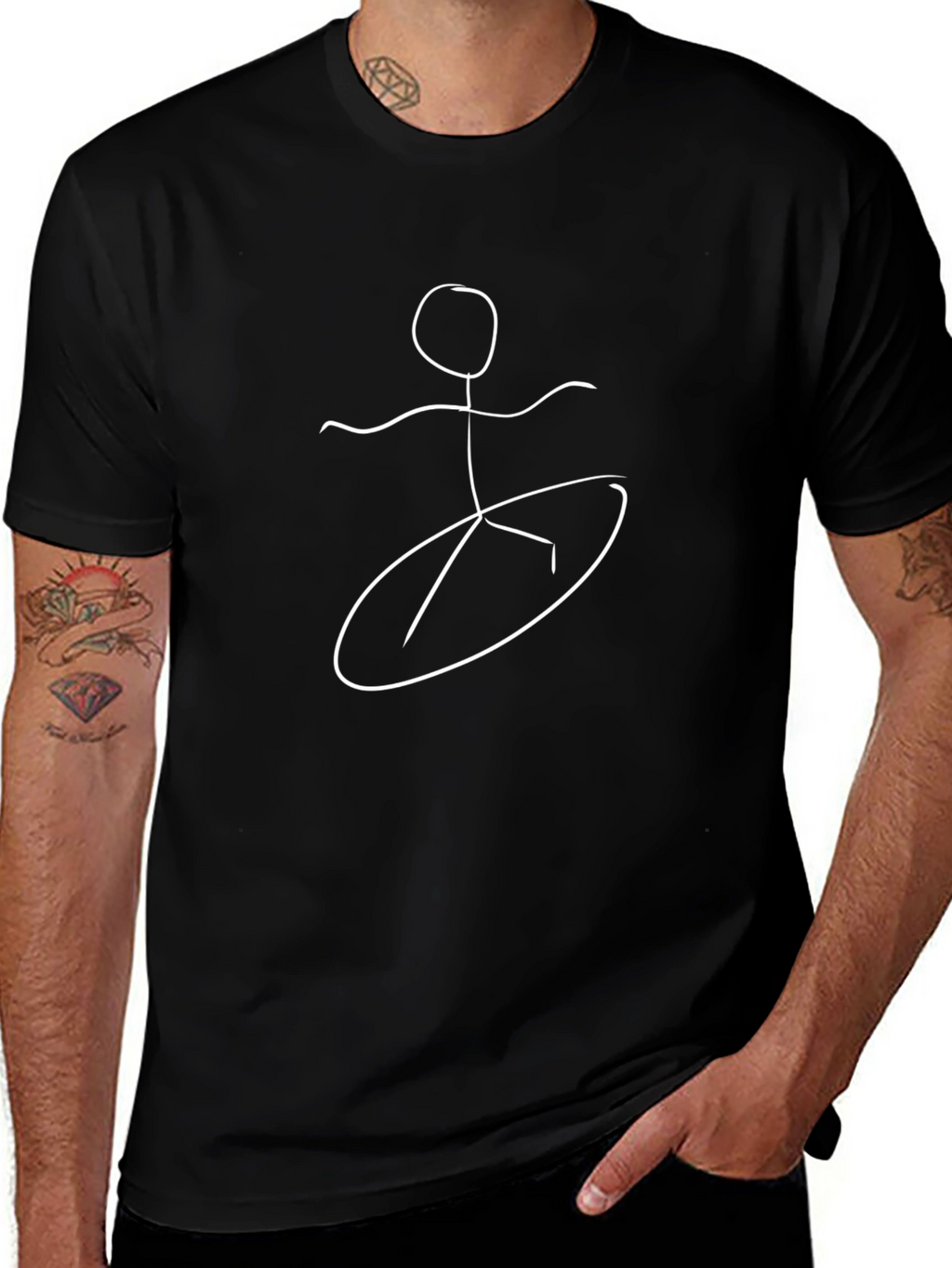 Surfer Stick Figure Graphic Tee - Cool Black T-Shirt