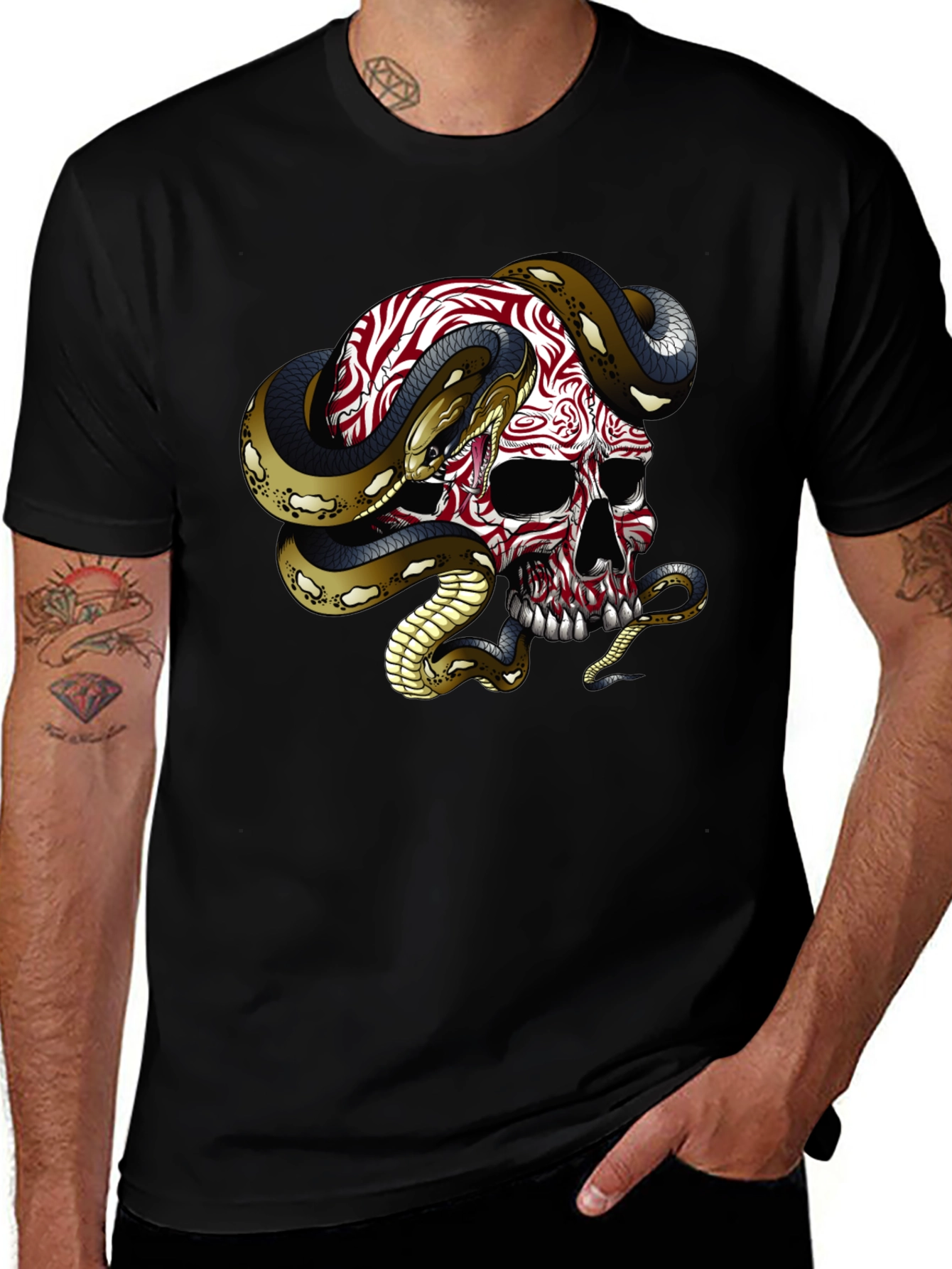 Skull & Snake Graphic Tee - Mens Black Cotton T-Shirt