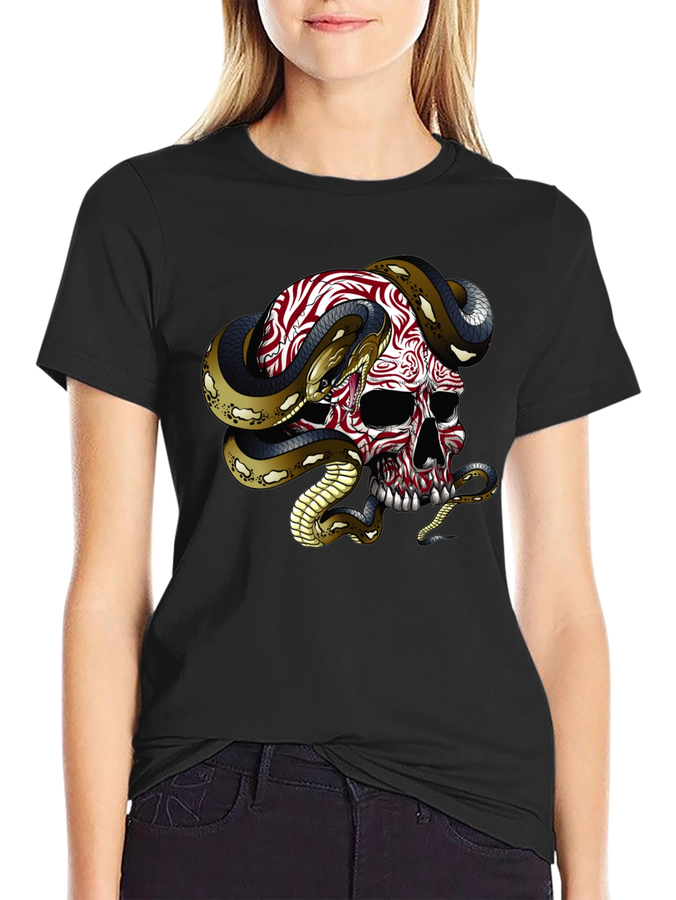Skull & Snake Graphic Tee - Mens Black Cotton T-Shirt
