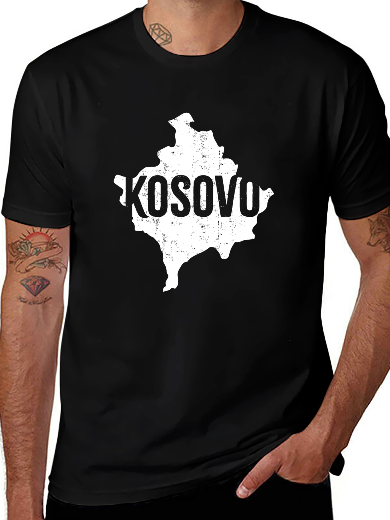 Kosovo Map T-Shirt - Distressed White Print on Black Tee