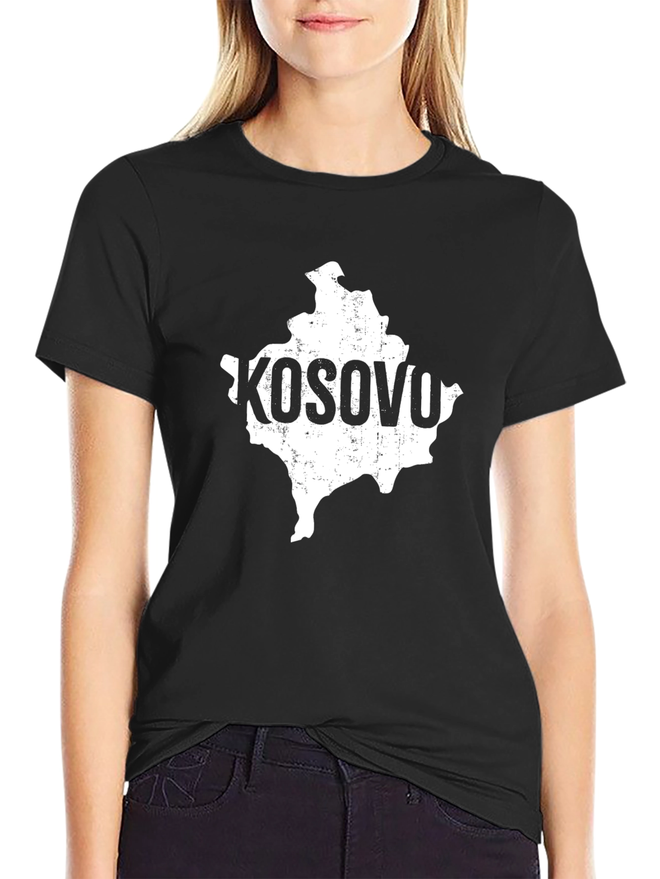 Kosovo Map T-Shirt - Distressed White Print on Black Tee