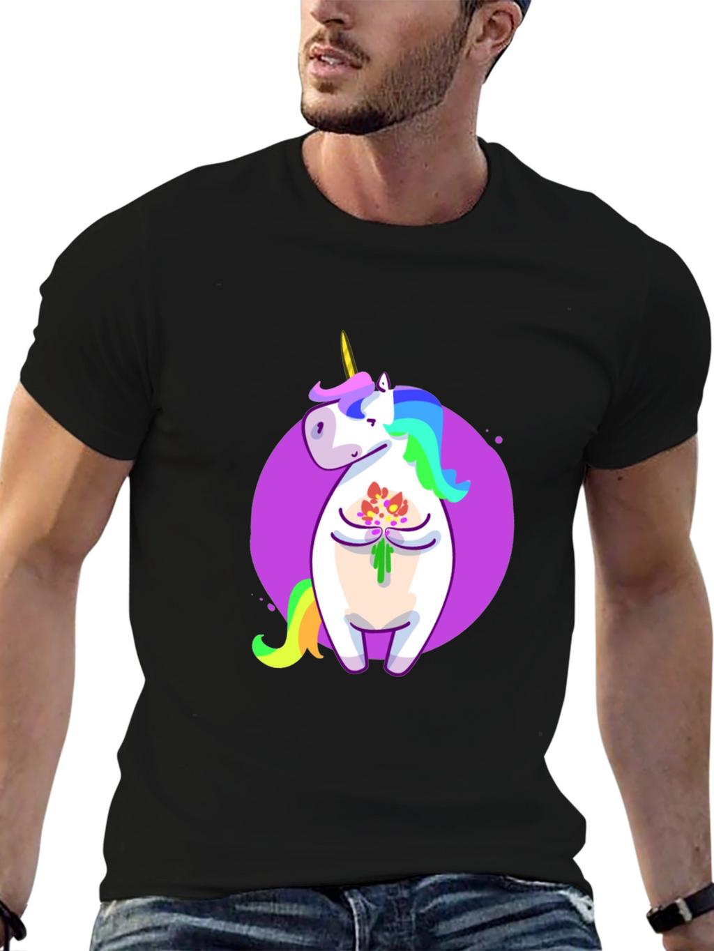 Unicorn Flower Graphic Black T-Shirt