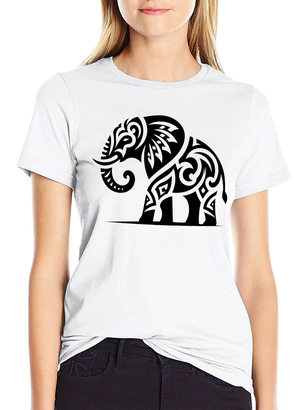 Tribal Elephant Graphic Tee - Black Cotton Casual Shirt
