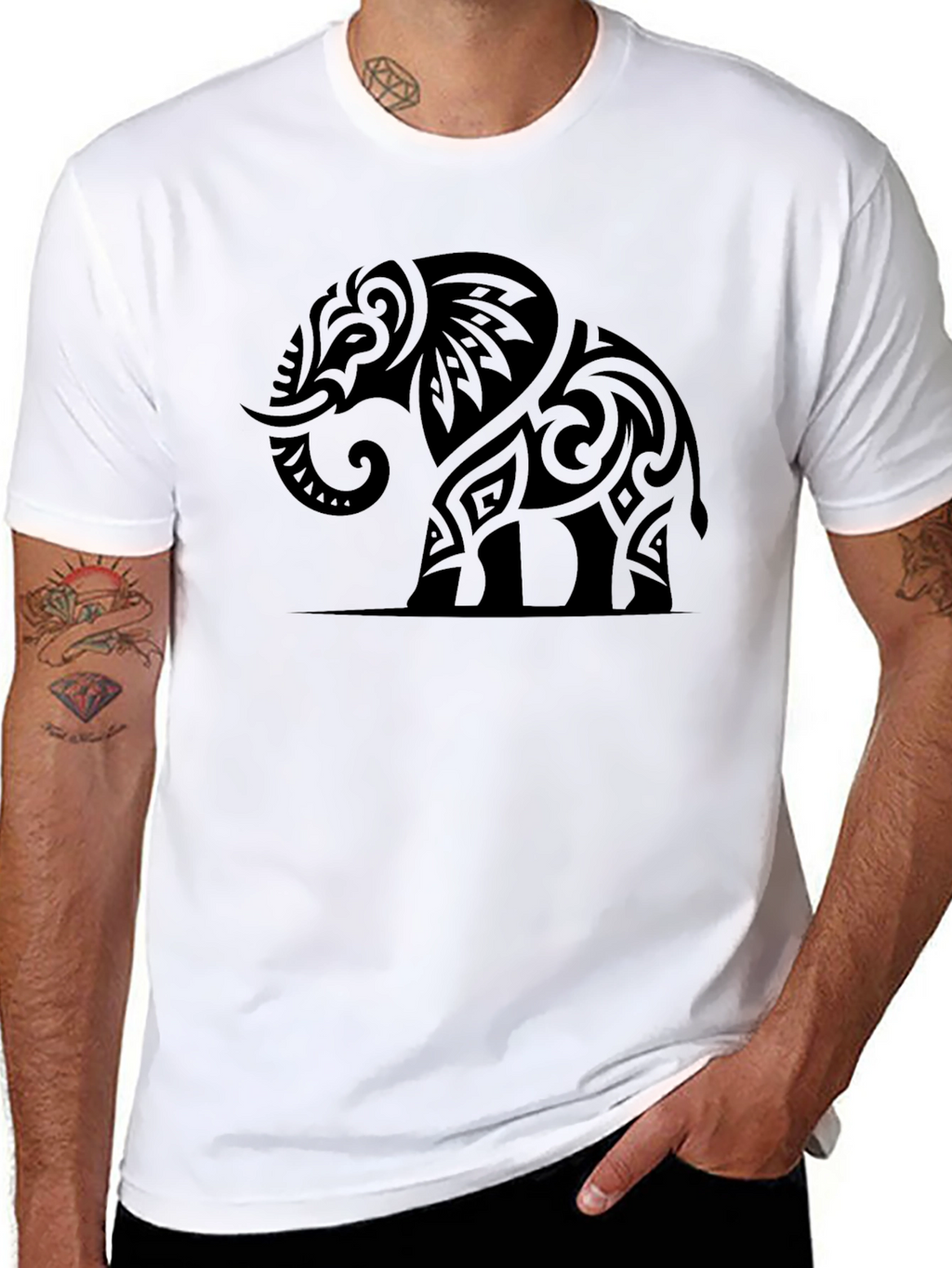 Tribal Elephant Graphic Tee - Black Cotton Casual Shirt