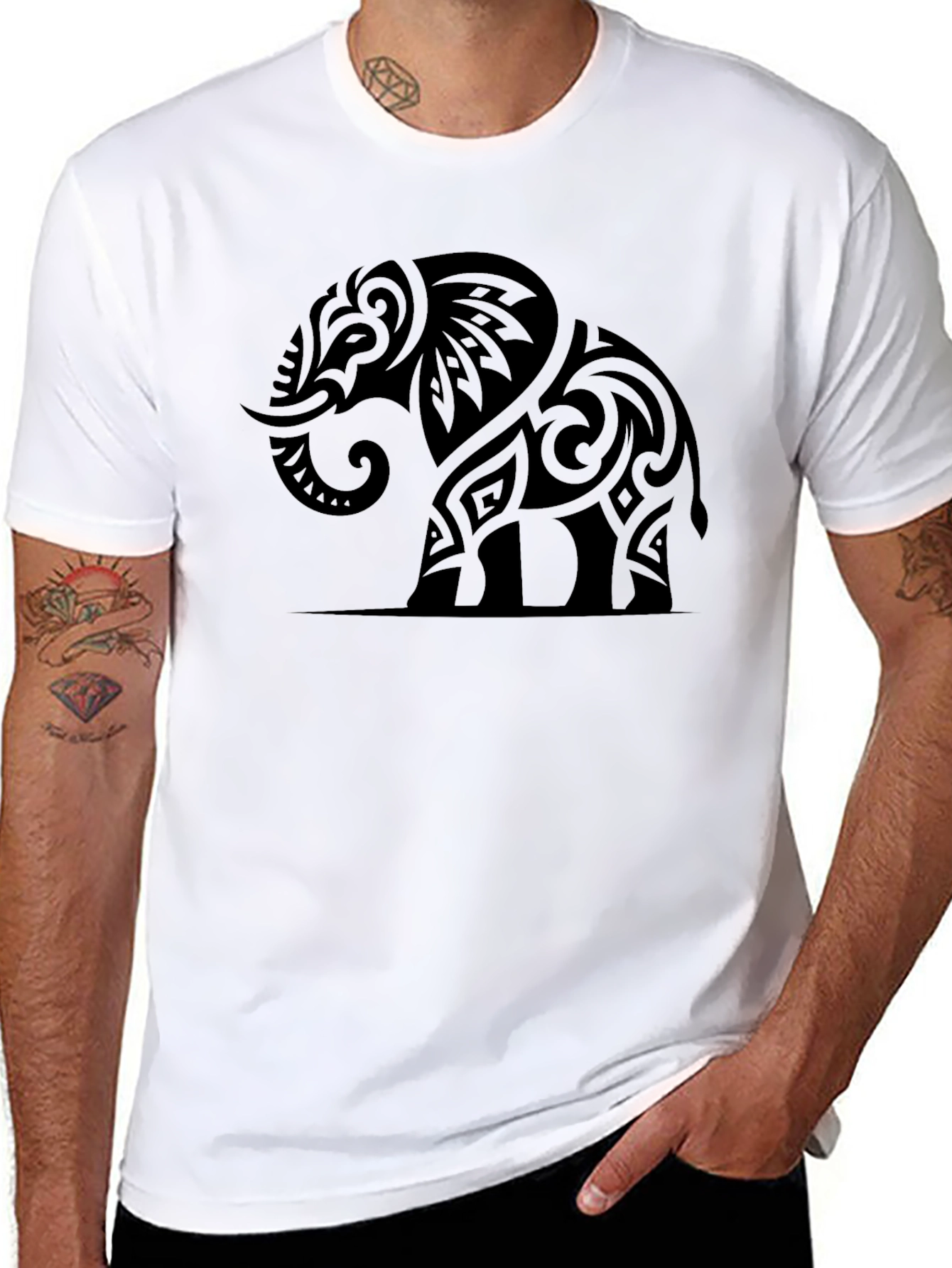 Tribal Elephant Graphic Tee - Black Cotton Casual Shirt